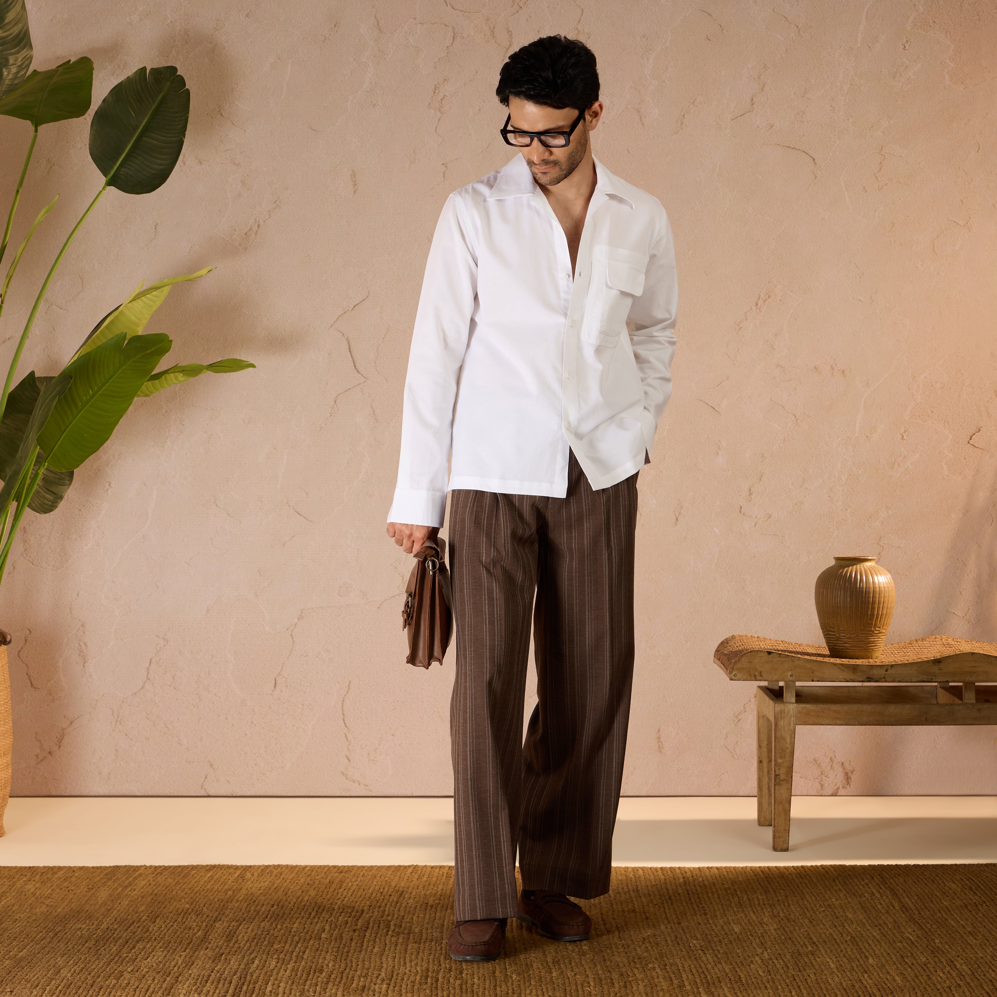 RELAXED FIT PINSTRIPE TROUSERS - BROWN
