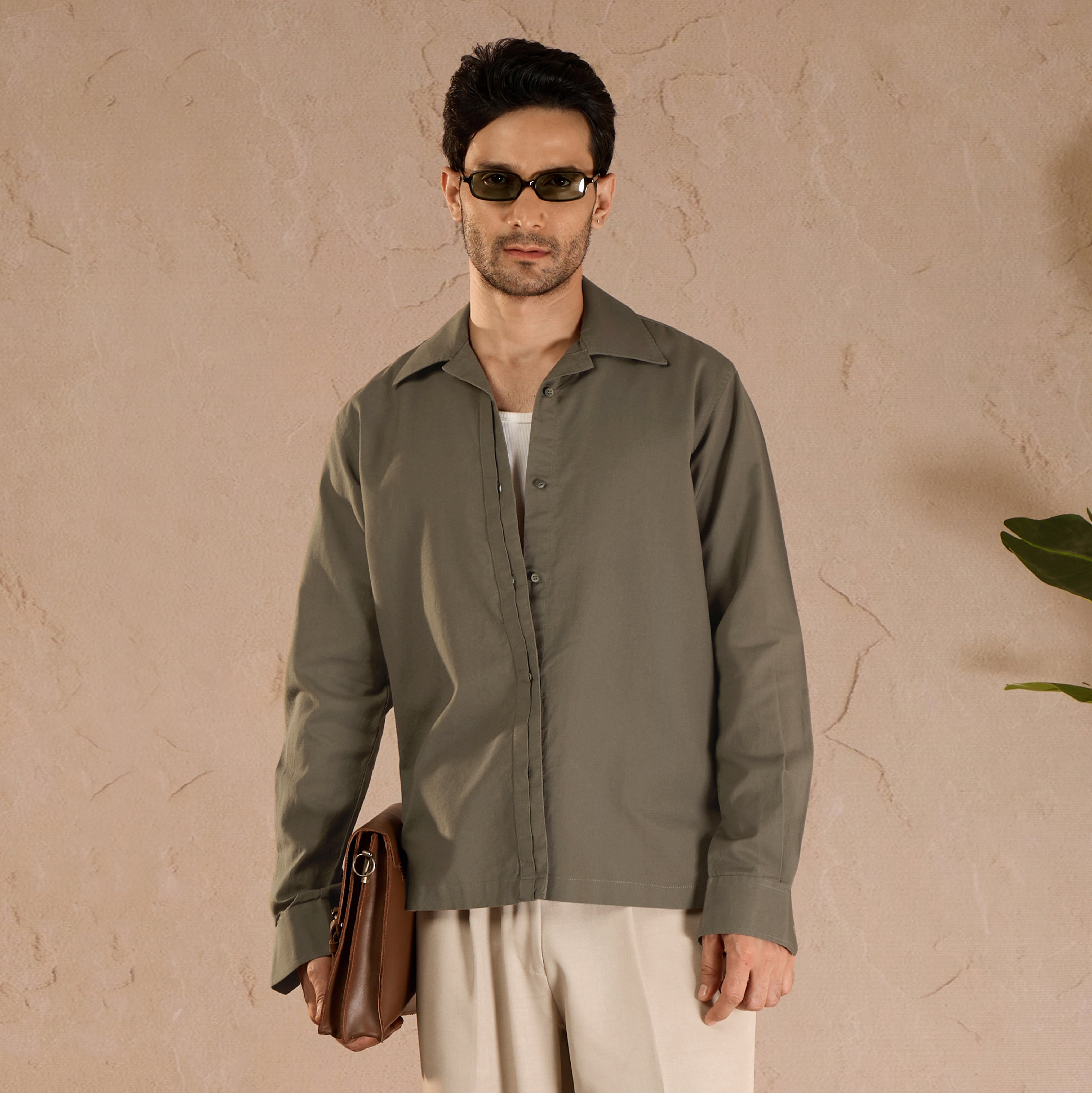 HALF PLACKET COTTON OXFORD SHIRT - OLIVE