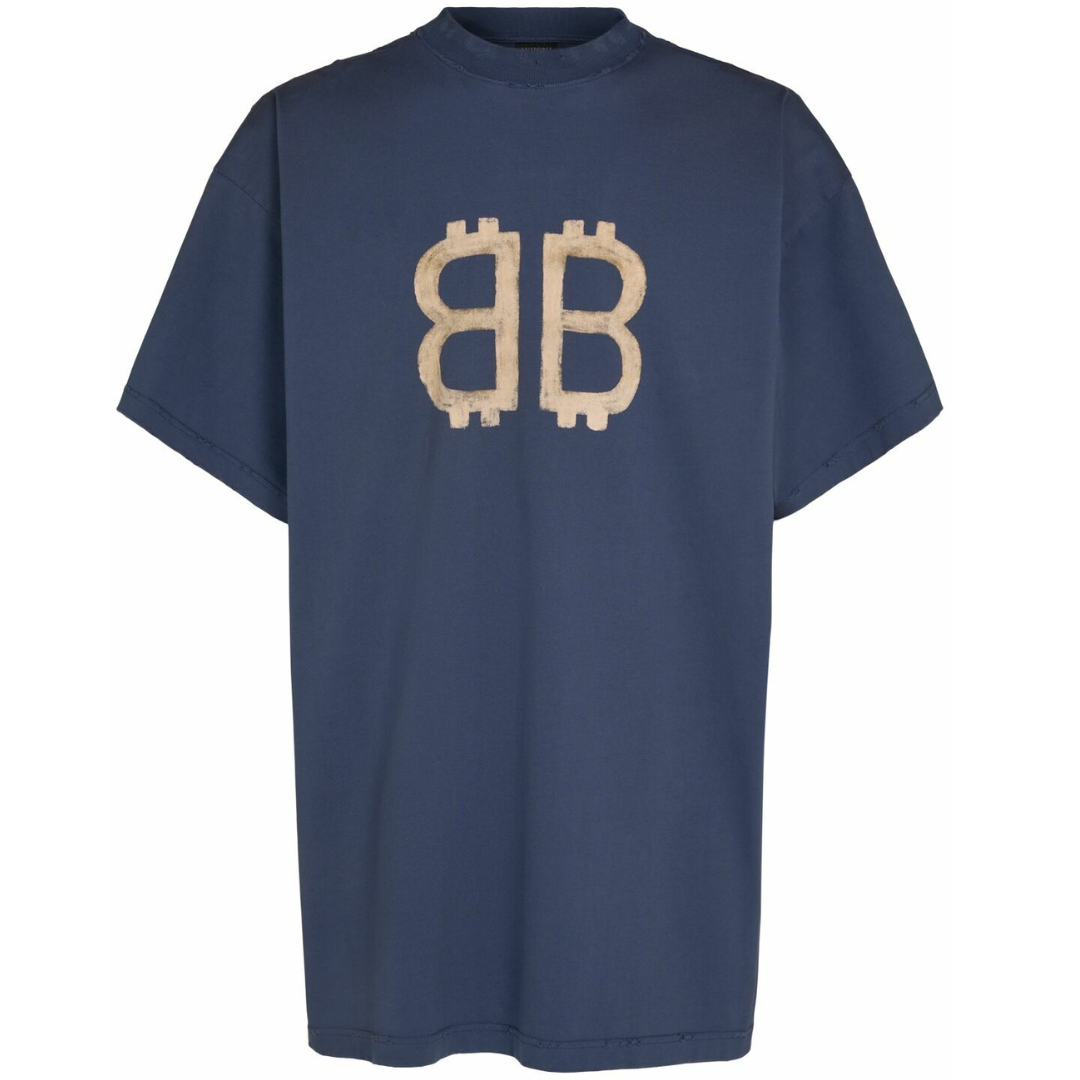 BALENCIAGA CRYPTO-PRINT COTTON T-SHIRT NAVY BLUE BEIGE
