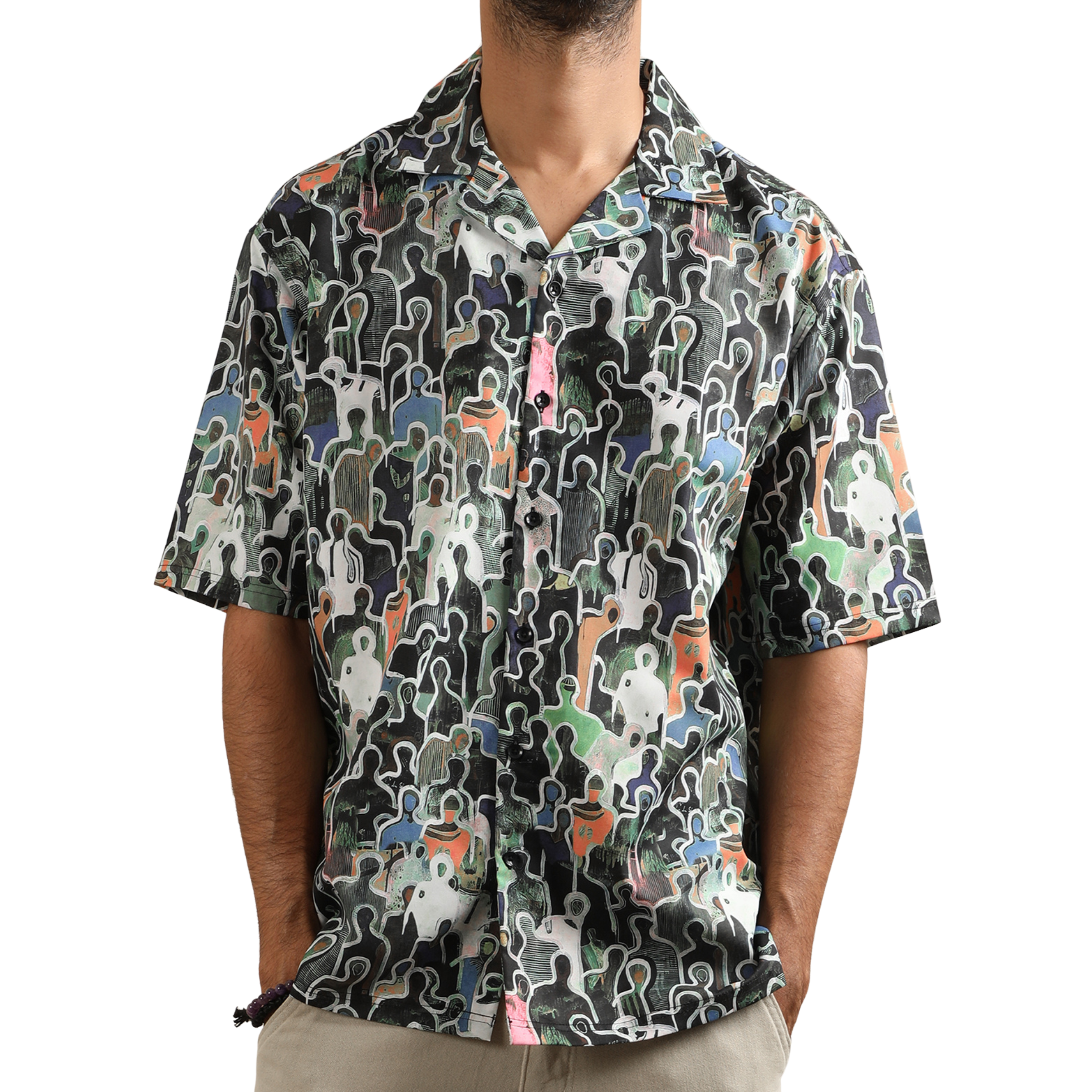 CHARCOAL SILHOUETTES CUBAN COLLAR SHIRT