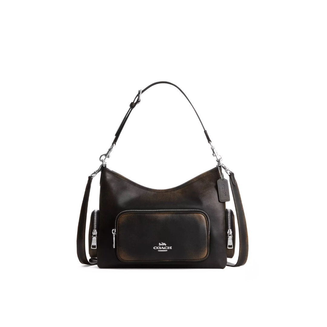 Coach Laurel Shoulder Bag With Pockets In Loved Leather Silver Black Brown