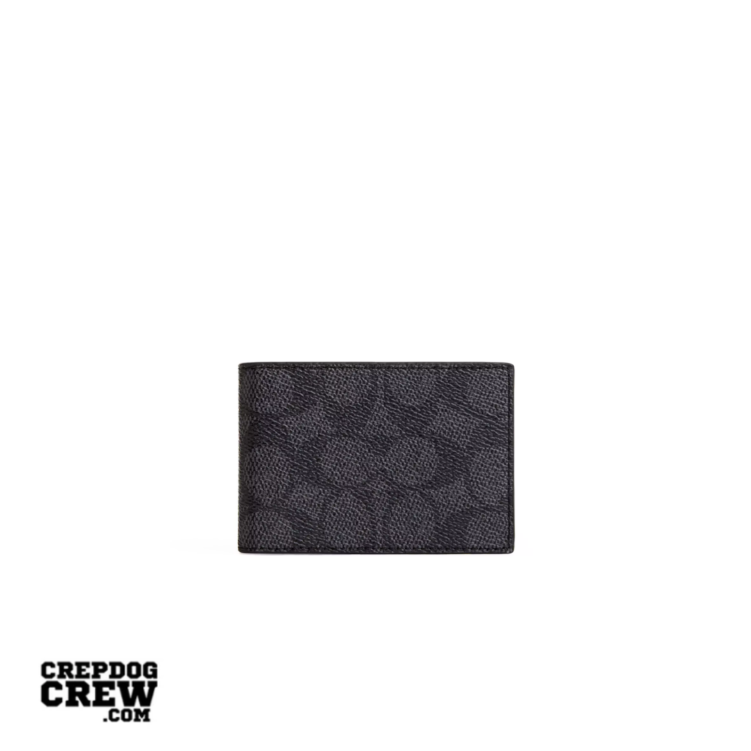 Coach Compact Billfold Wallet signature canvas Charcoal Black