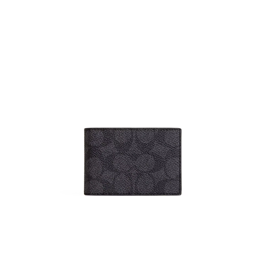 Coach Compact Billfold Wallet signature canvas Charcoal Black