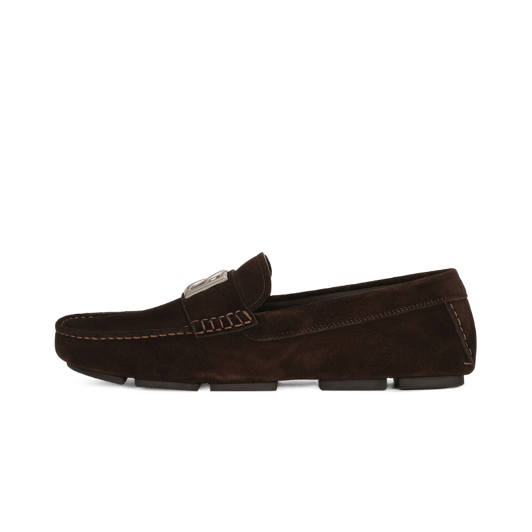 DOLCE AND GABBANA LOGO-PLAQUE SUEDE LOAFERS Brown