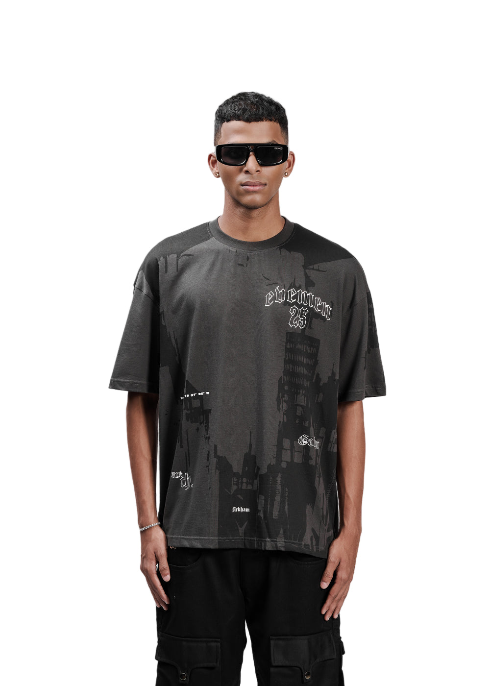 Man wearing a black t-shirt with text and sunglasses on a white background - Crepdog Crew