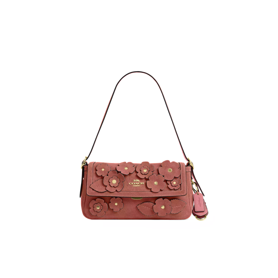 Coach Etta Small Flap Shoulder Bag With Floral Applique smooth leather Gold Blush Pink