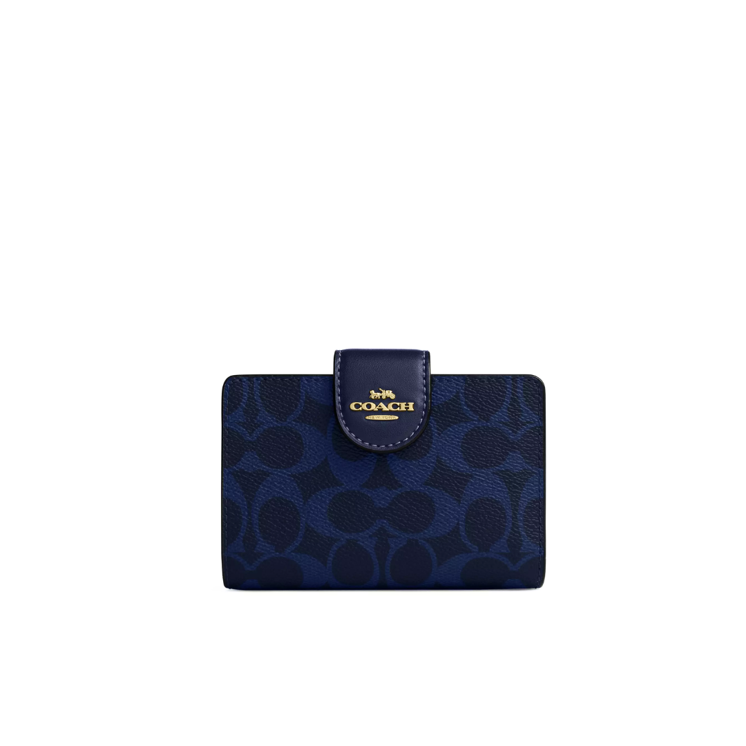 Coach Medium Corner Zip Wallet In Signature Canvas Gold Navy