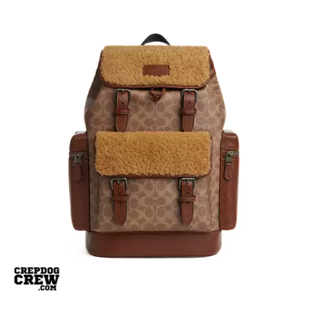 Coach Sprint Backpack In Signature Canvas shearling Gunmetal Tan Vintage Brown