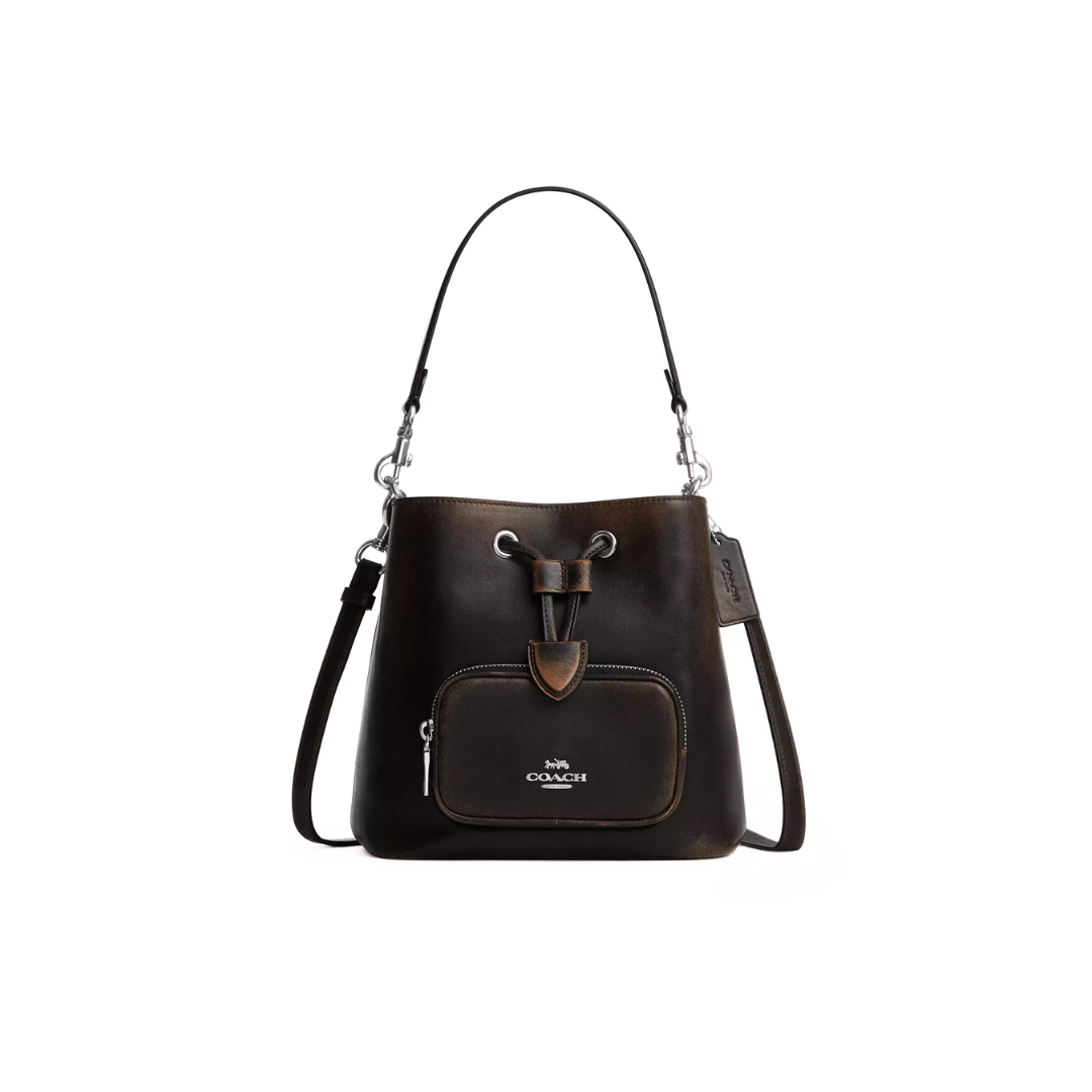 Coach Rowan Bucket Bag With Pocket In Loved Leather Silver Black Brown