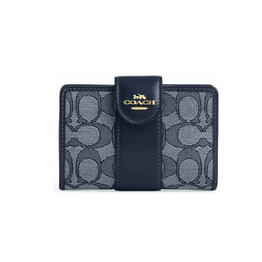 Coach Medium Corner Zip Wallet In Signature Jacquard Gold Navy Midnight Navy