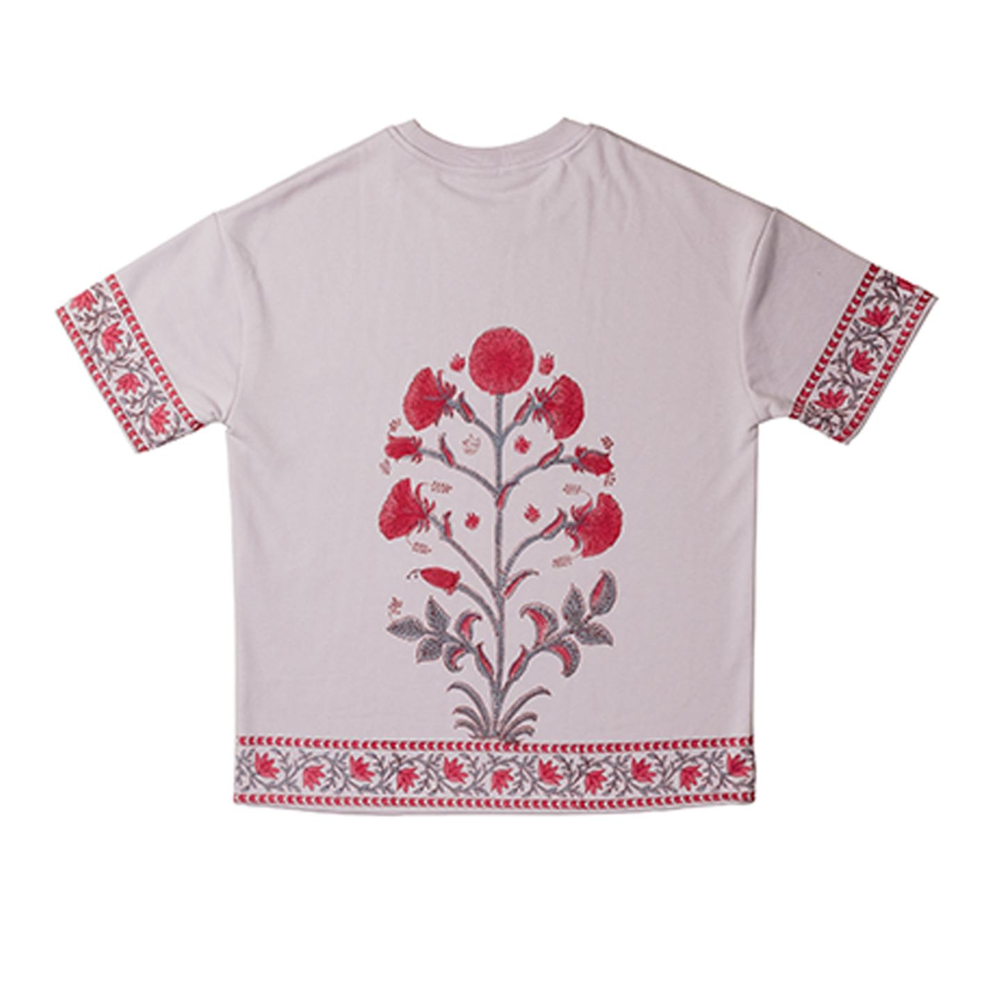 White t-shirt with red floral embroidery on a white background