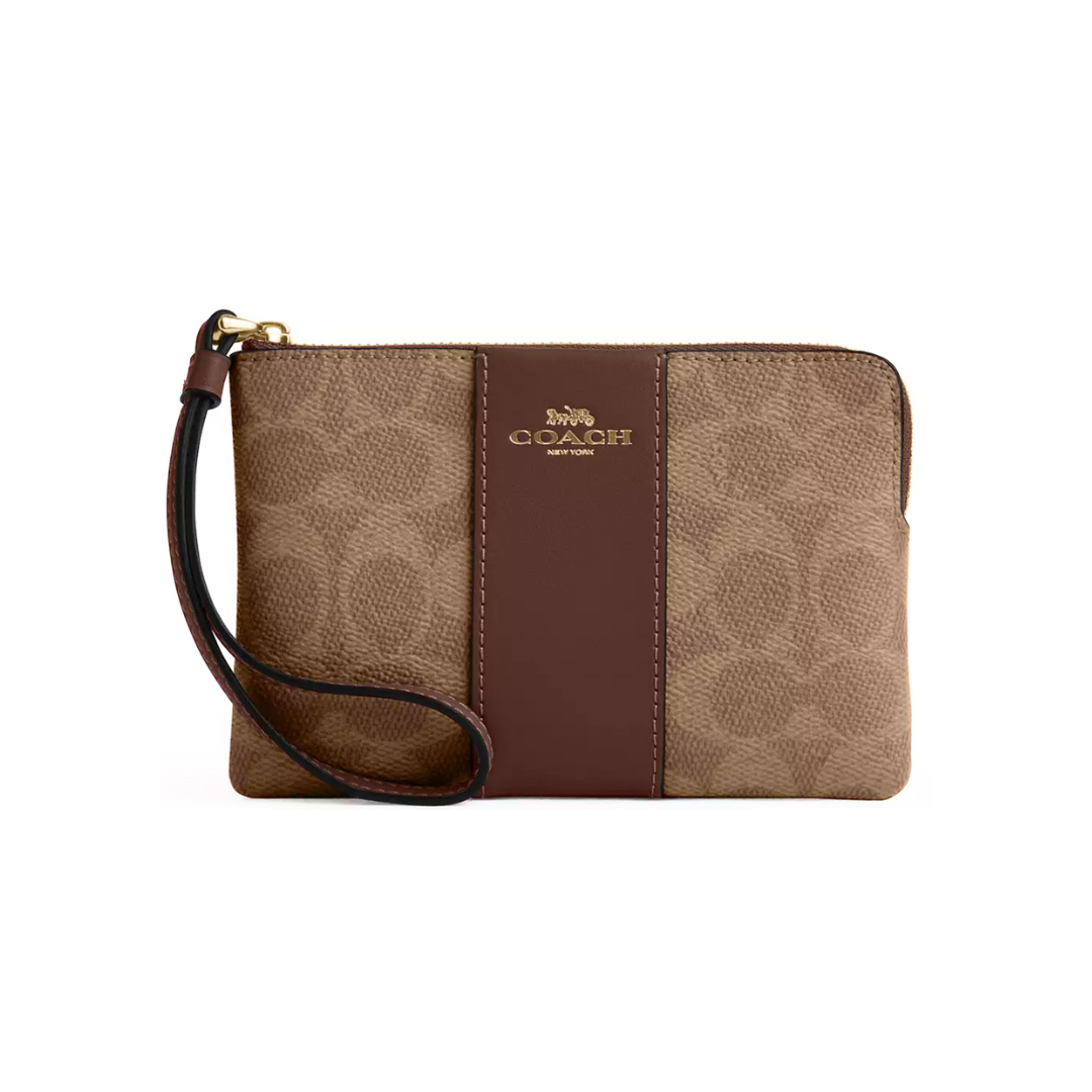 Coach Corner Zip Wristlet Signature Canvas With Stripe Gold Tan Brown