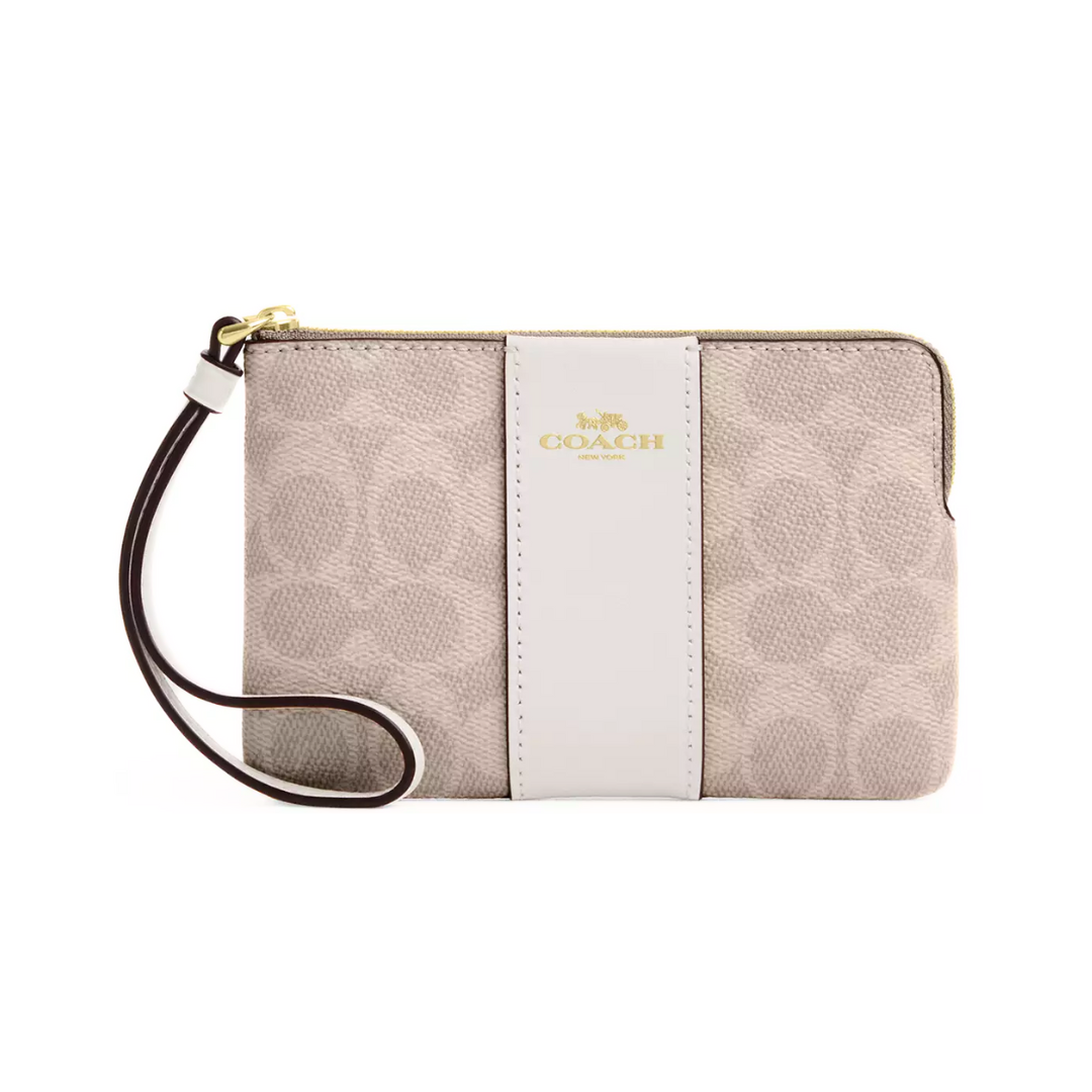 Coach Corner Zip Wristlet Signature Canvas With Stripe Gold Sand Chalk