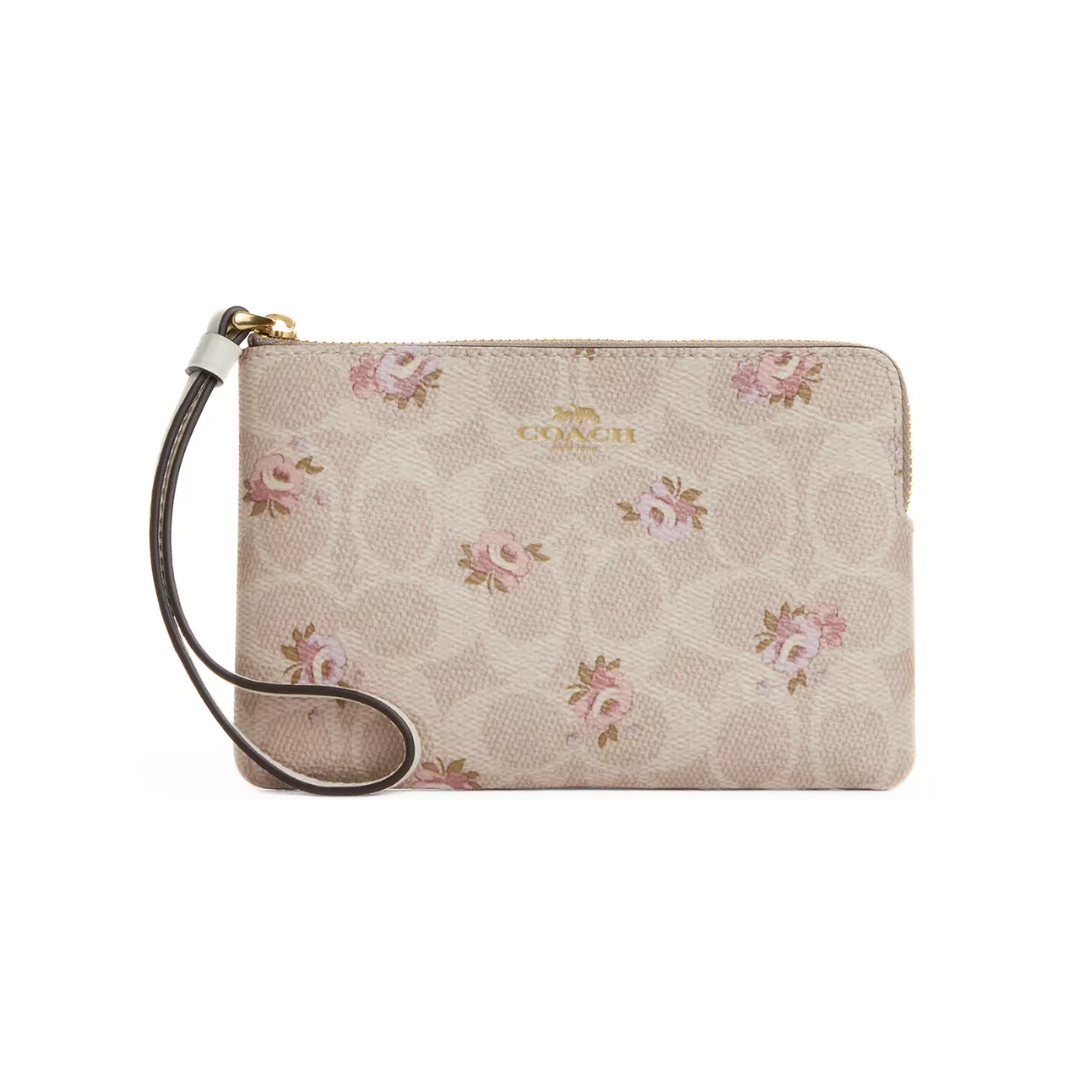 Coach Corner Zip Wristlet In Signature Canvas With Floral Print Gold Sand Multi