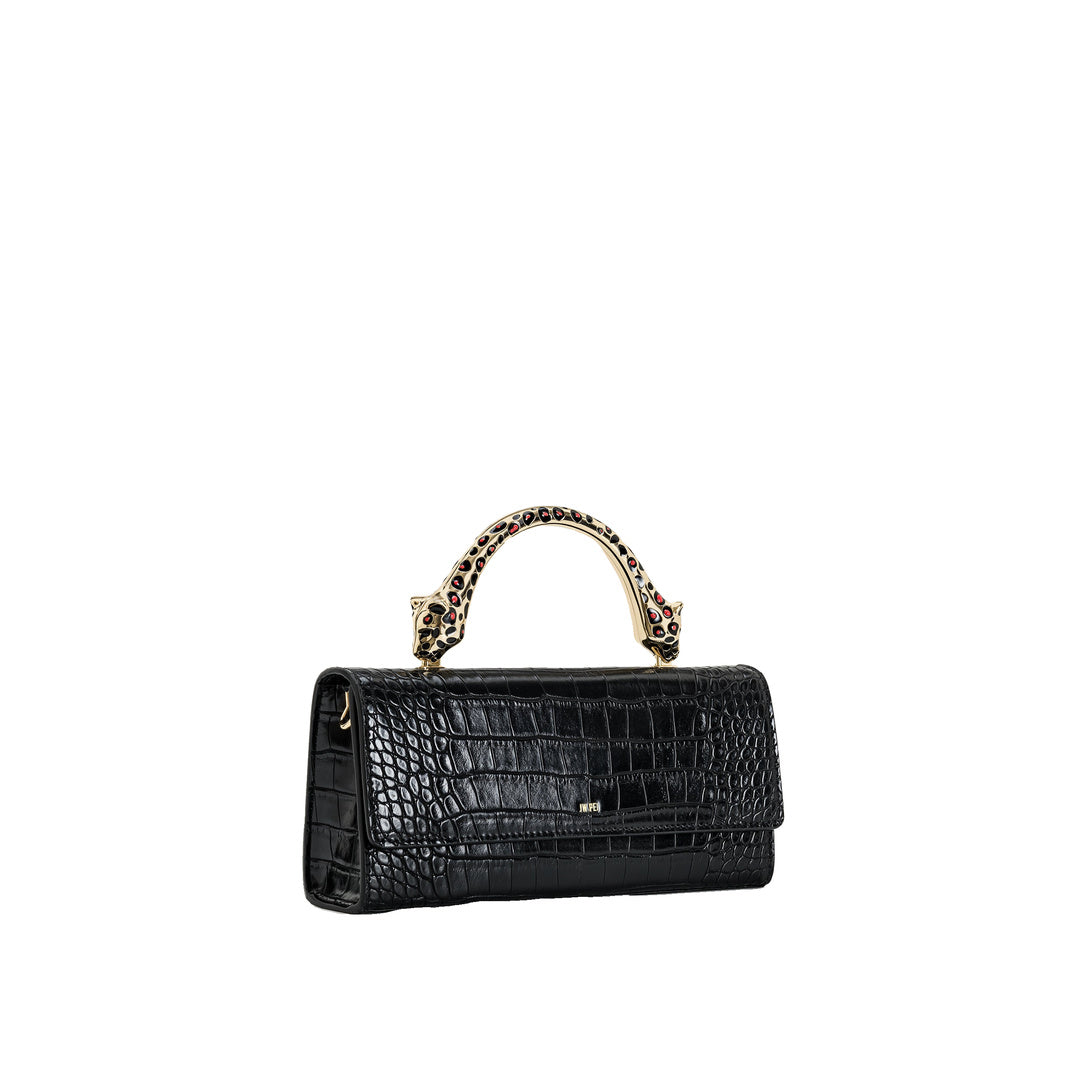 JW PEI Maya Leopard-Shaped Hardware Handle Top Handle Bag - Black Croc