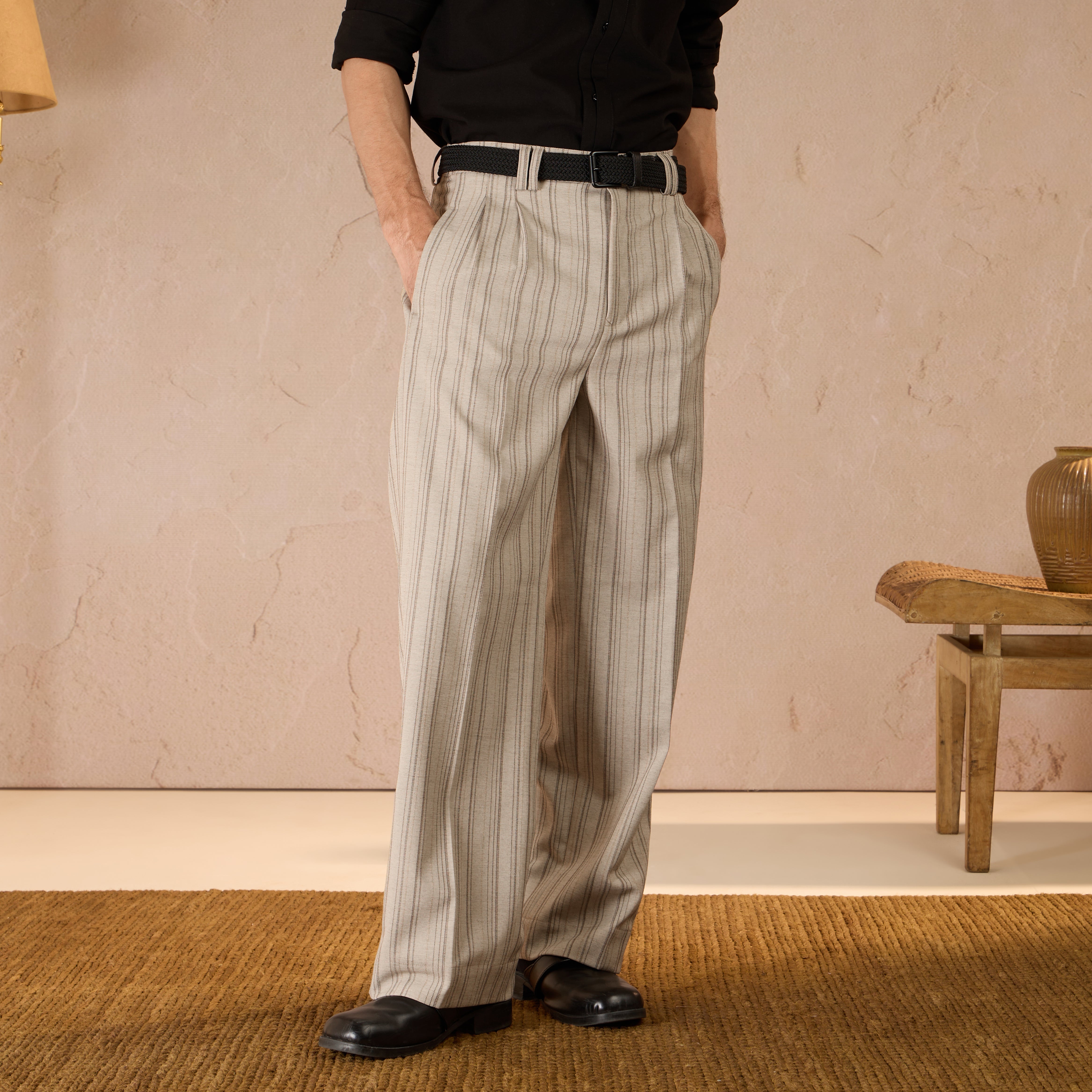 RELAXED FIT PINSTRIPE TROUSERS - BEIGE