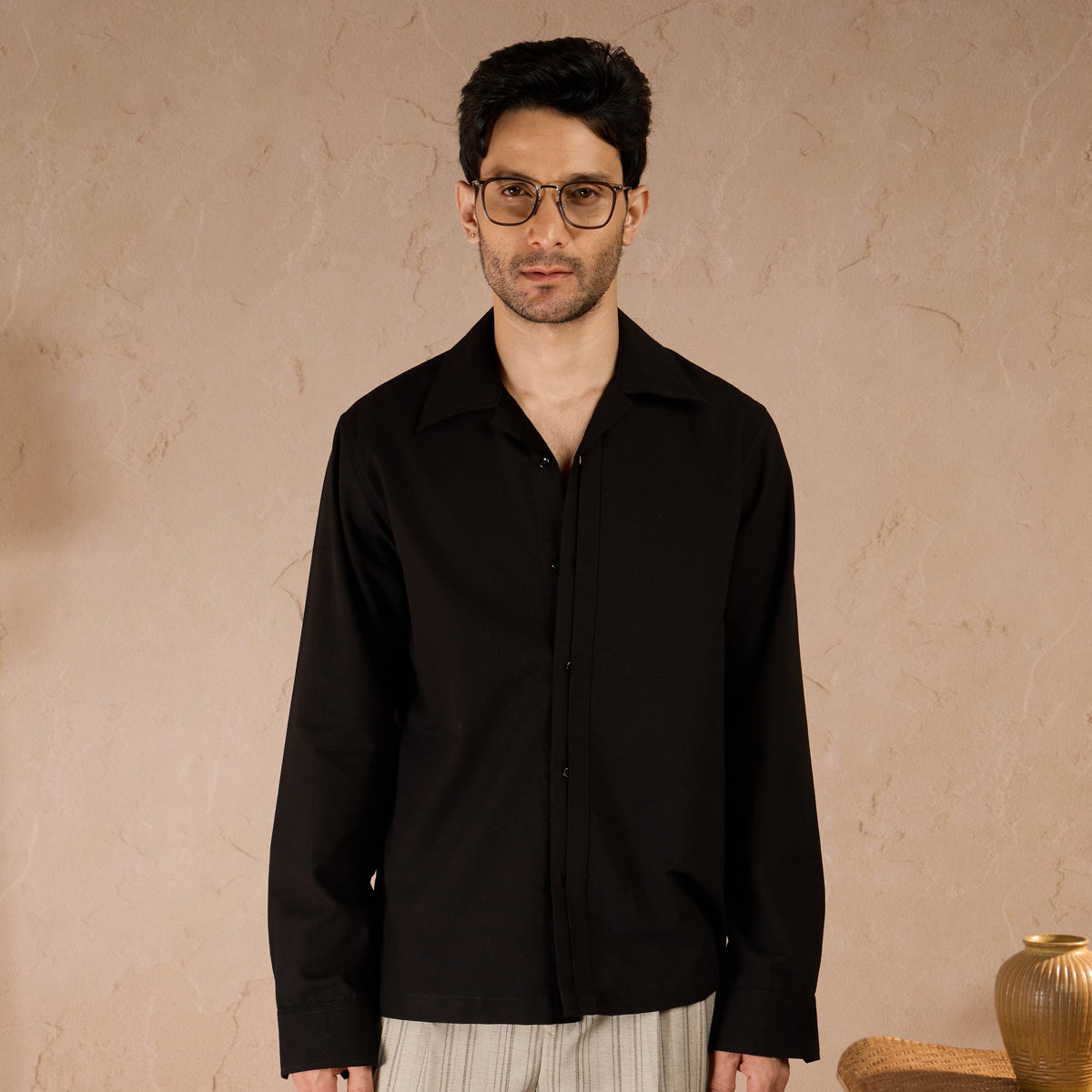 HALF PLACKET COTTON OXFORD SHIRT - BLACK