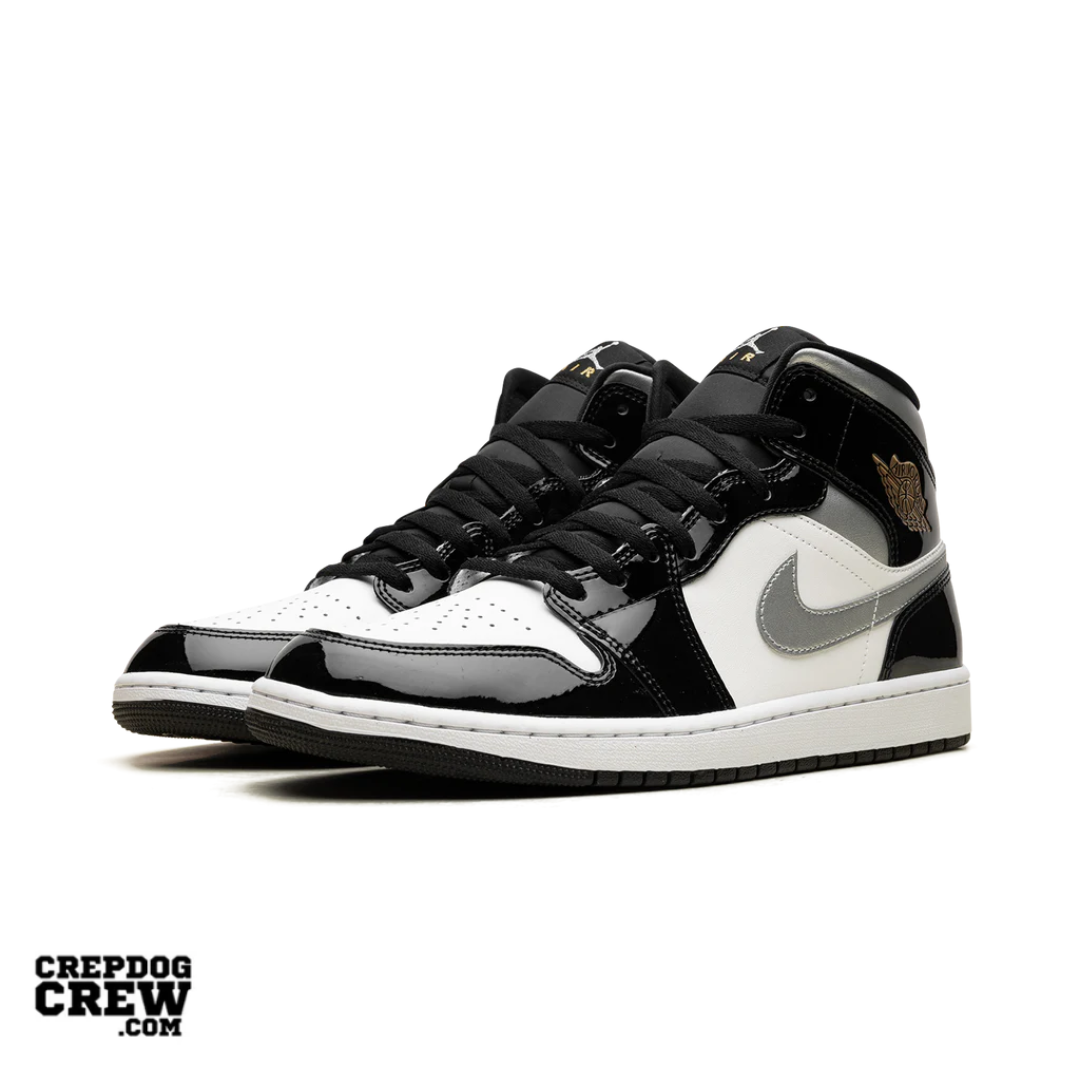 Jordan 1 Mid SE Patent Black White Metallic Silver Metallic Gold