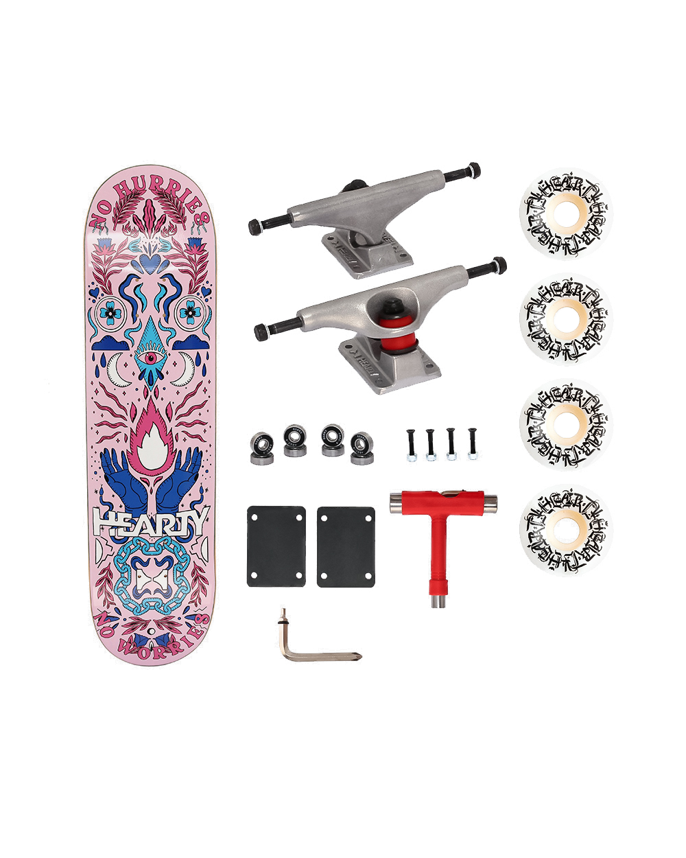 Hearty Pro-Complete Skateboard Pack- Unassembled- 8.0" & 8.25"-No Hurries No Worries/Soft Pink