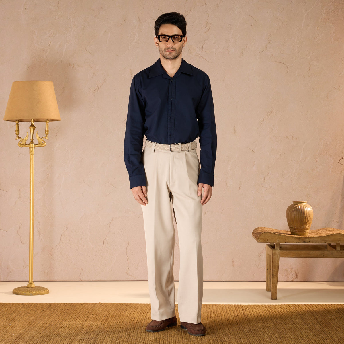 HALF PLACKET COTTON OXFORD SHIRT - NAVY