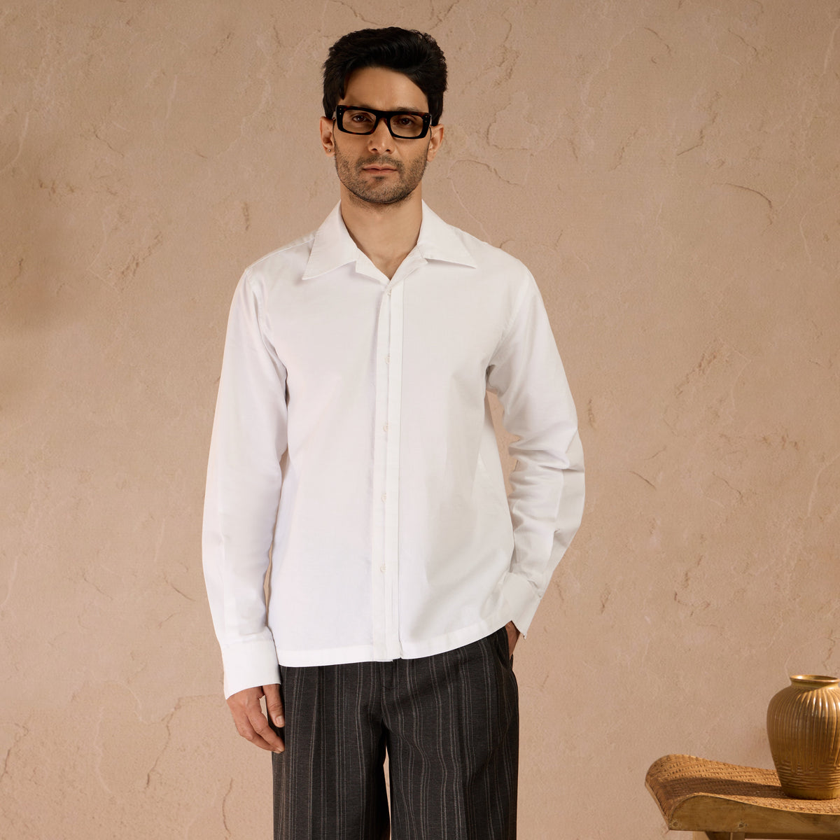 HALF PLACKET COTTON OXFORD SHIRT - WHITE