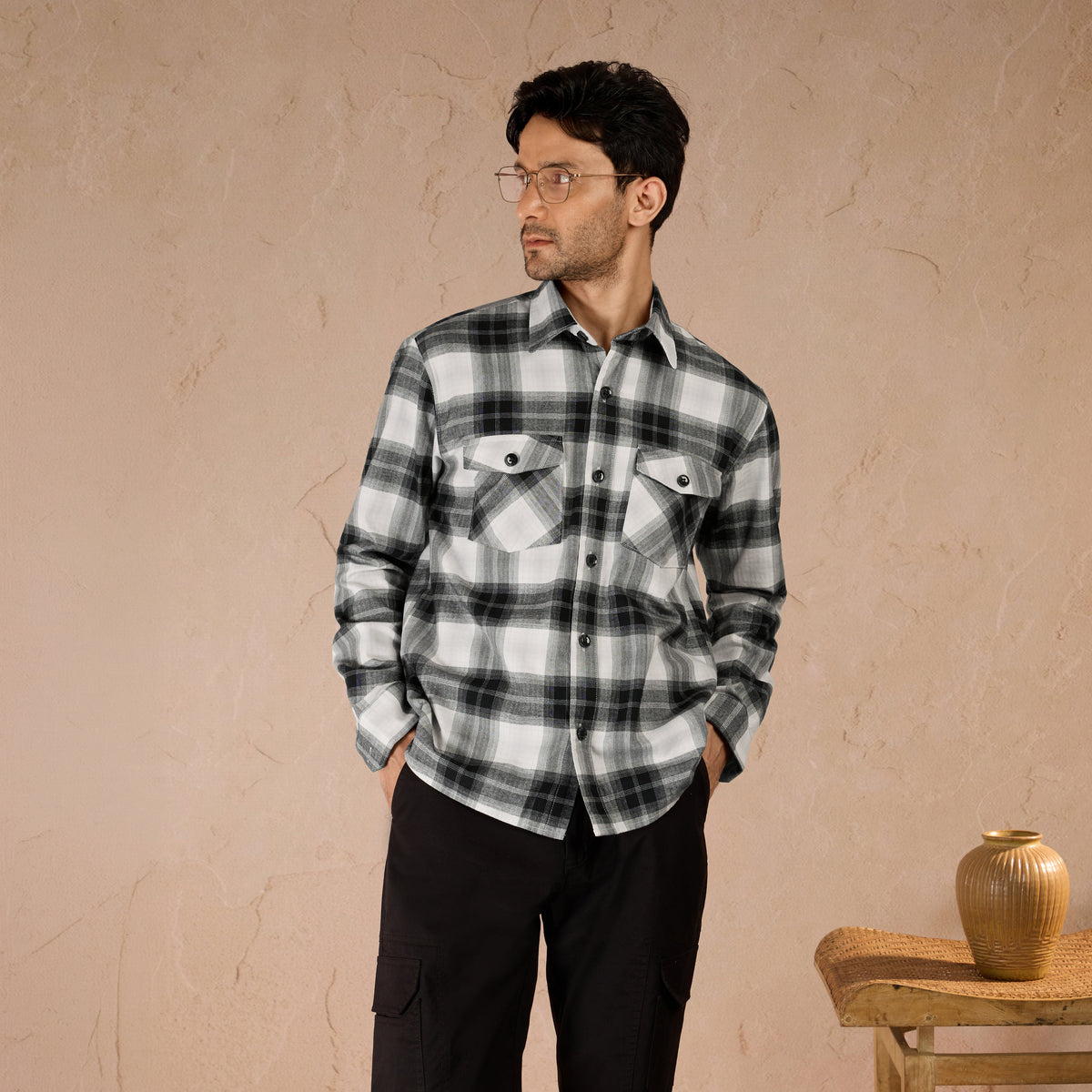 COTTON LIGHTWEIGHT FLANNEL SHIRT - BLACK