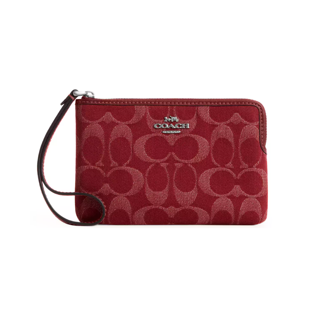 Coach Corner Zip Wristlet In Signature Denim Silver True Red