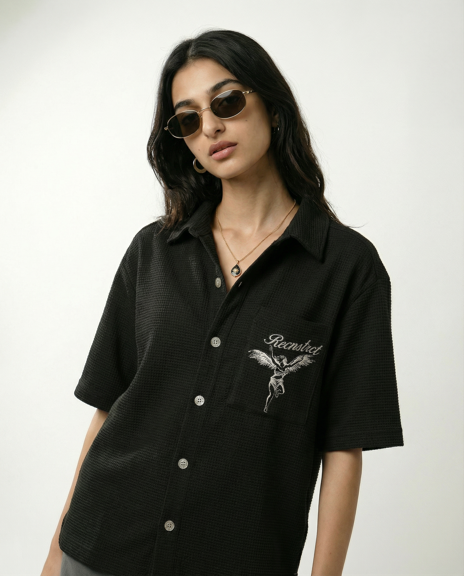 Waffle-Knit Textured shirt - Black