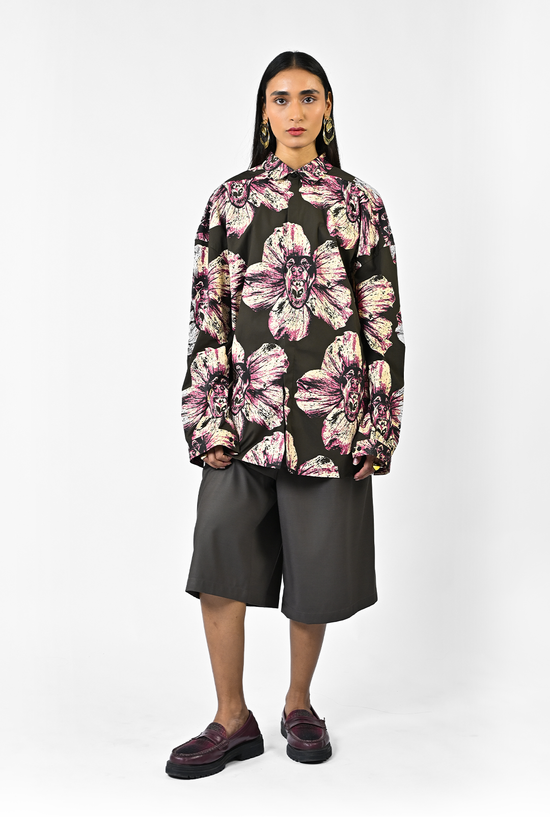 Canine printed oversized cotton shirt - Dark Green