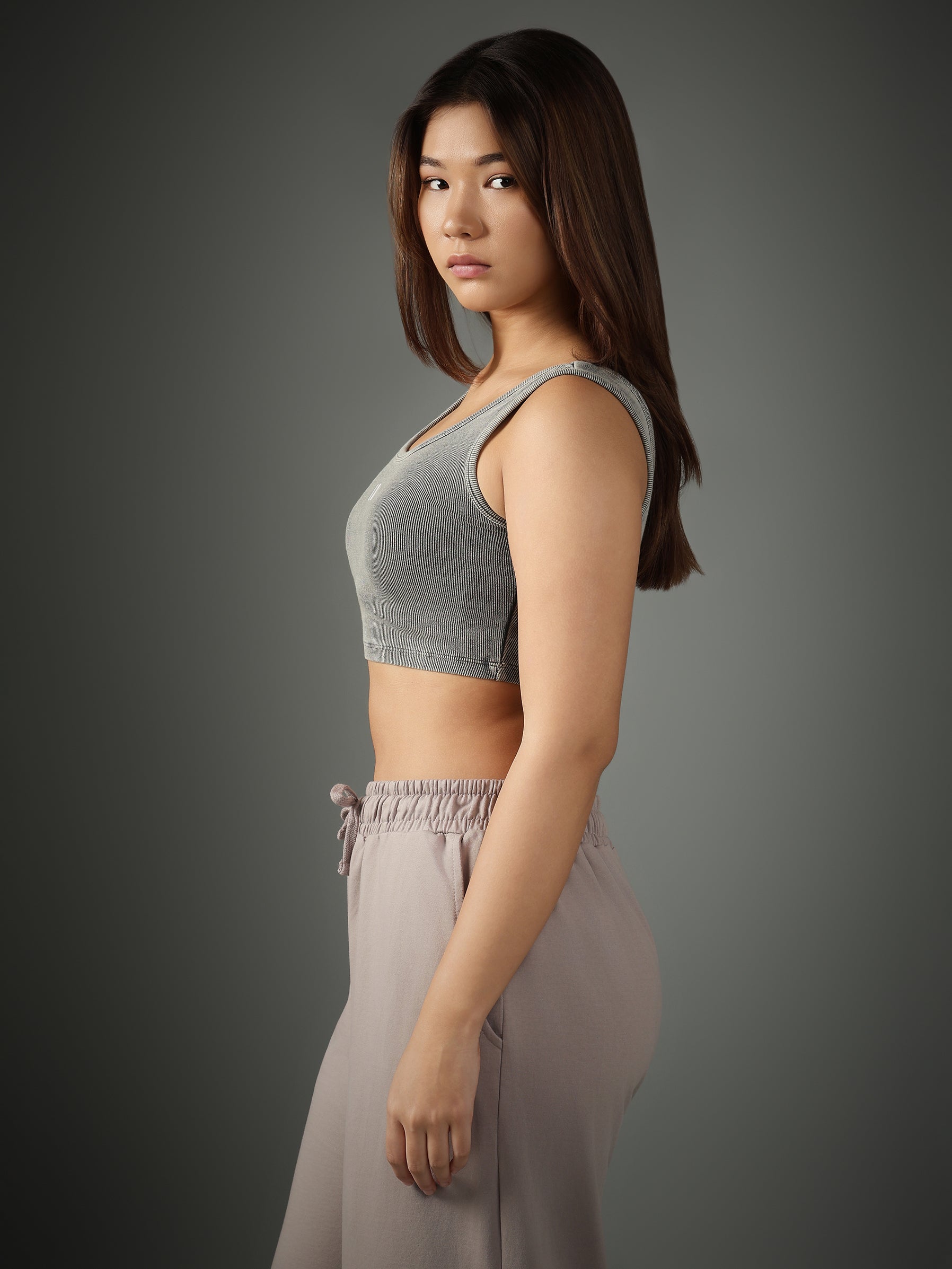 Grey Ribbed Crop Stone Wash