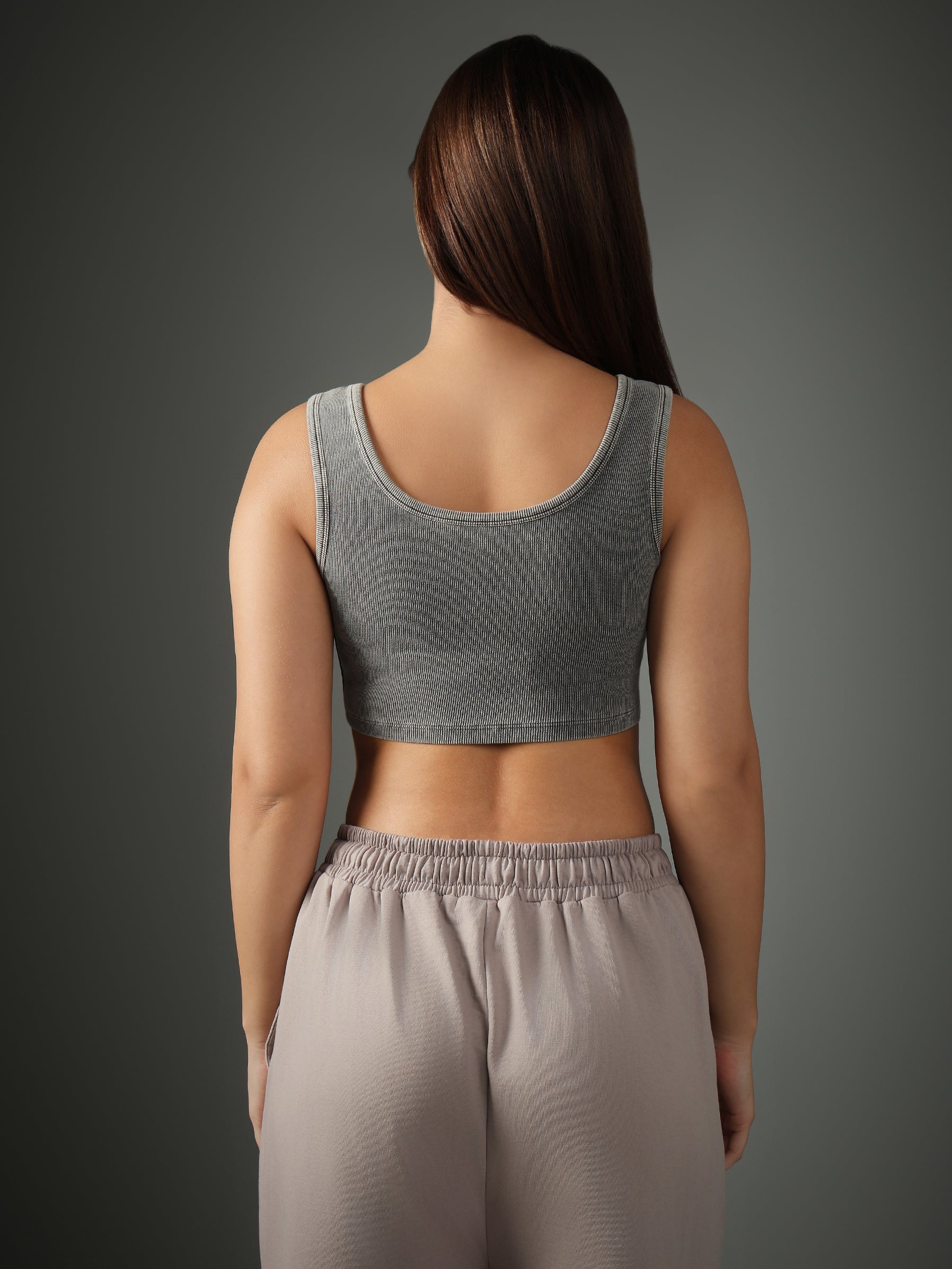 Grey Ribbed Crop Stone Wash