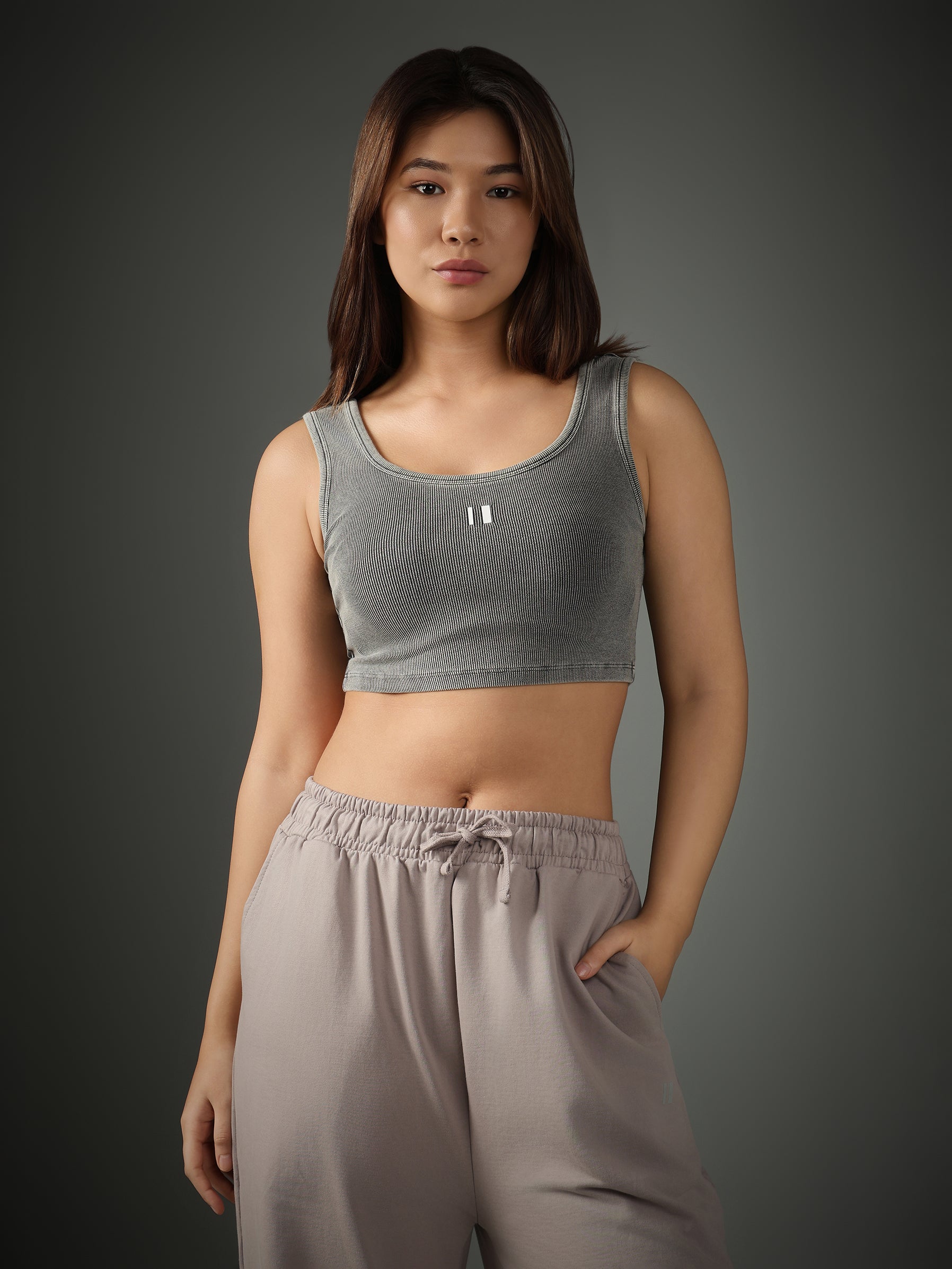 Grey Ribbed Crop Stone Wash