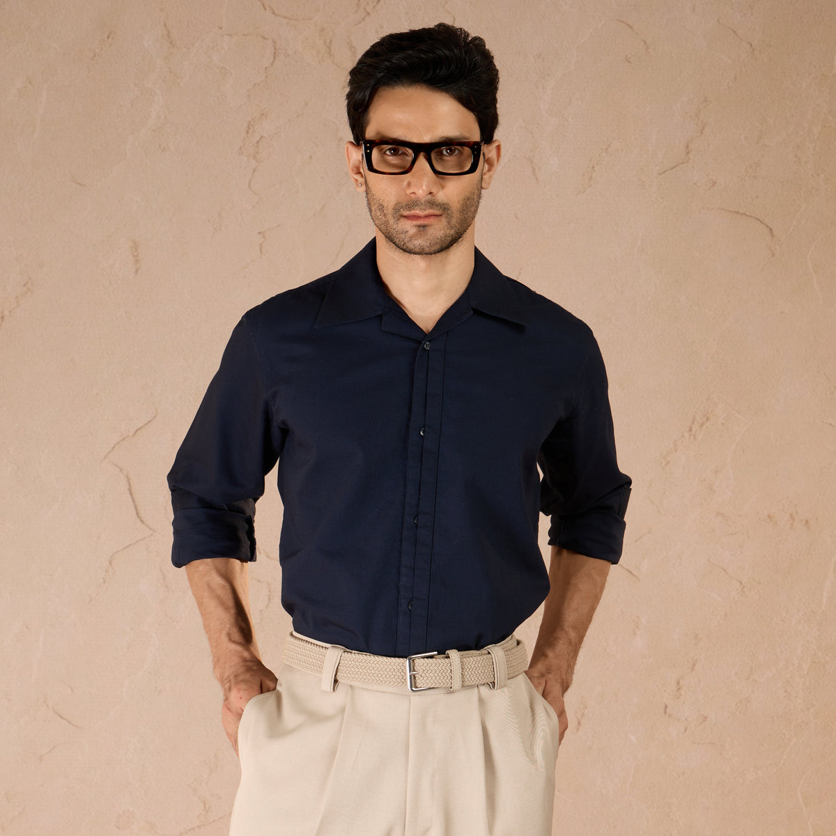 HALF PLACKET COTTON OXFORD SHIRT - NAVY