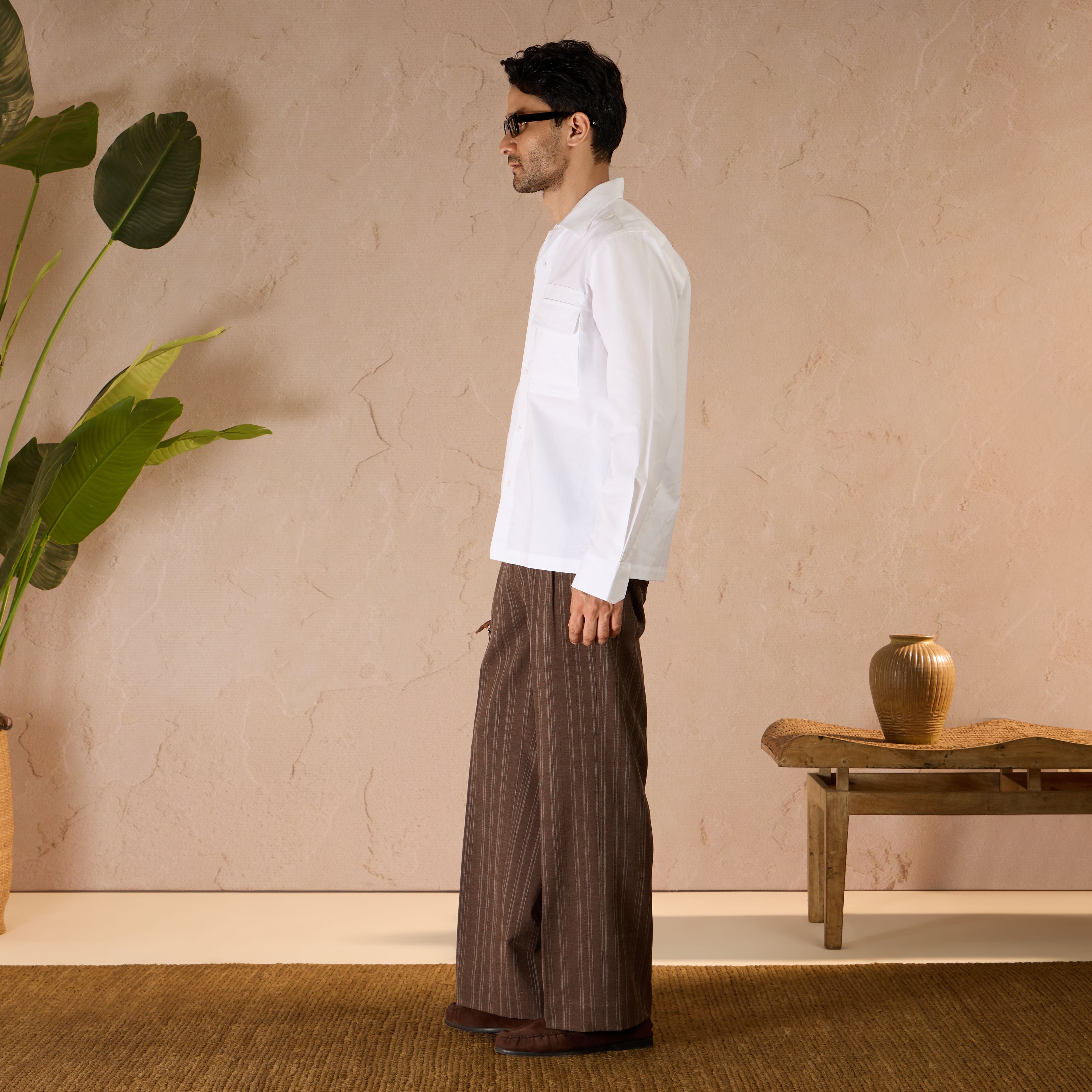 RELAXED FIT PINSTRIPE TROUSERS - BROWN
