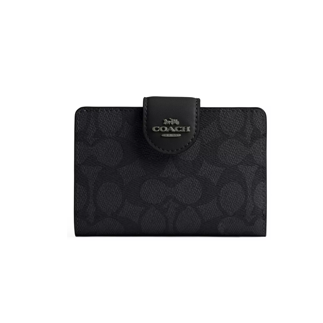 Coach Medium Corner Zip Wallet In Signature Canvas Gunmetal Charcoal Black