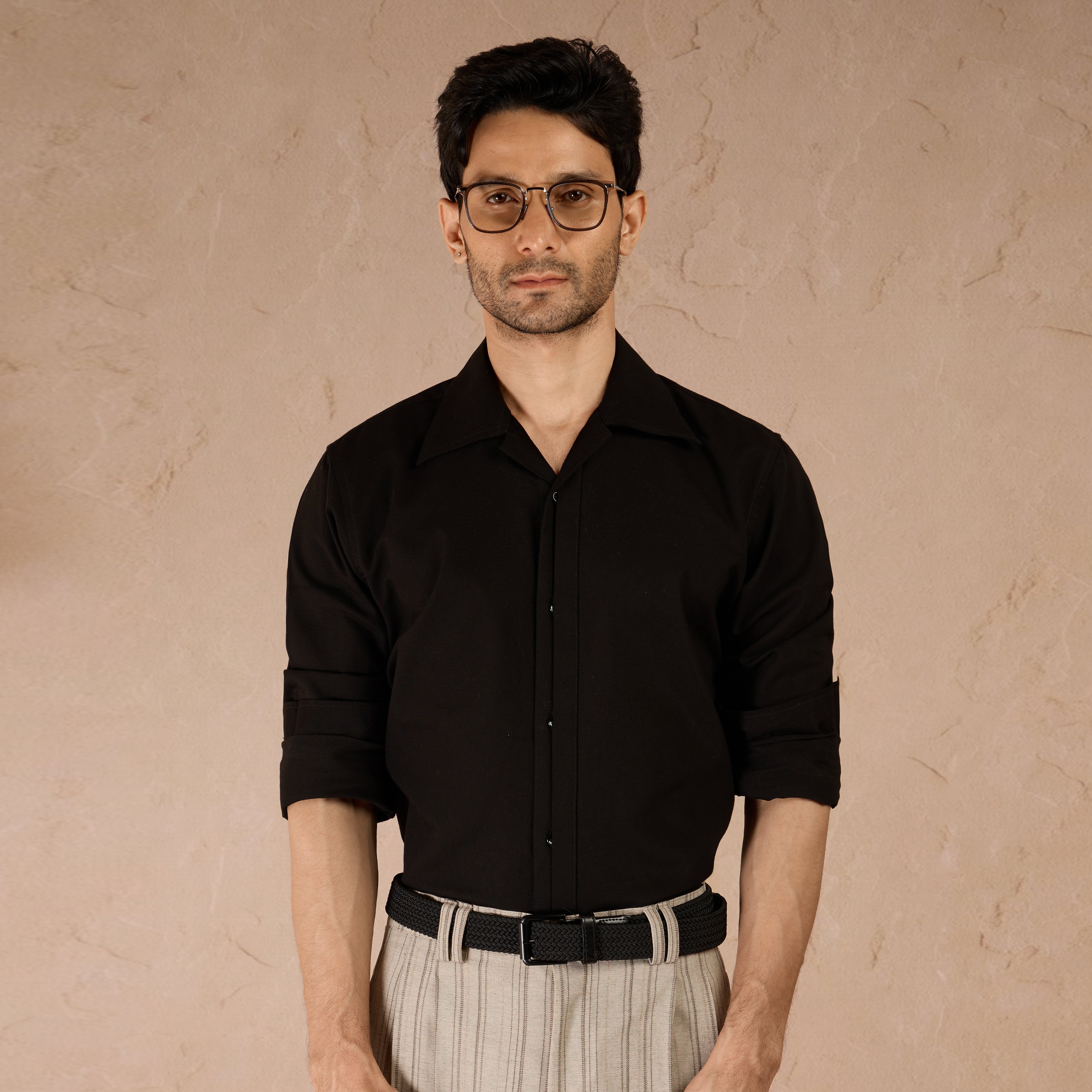 HALF PLACKET COTTON OXFORD SHIRT - BLACK