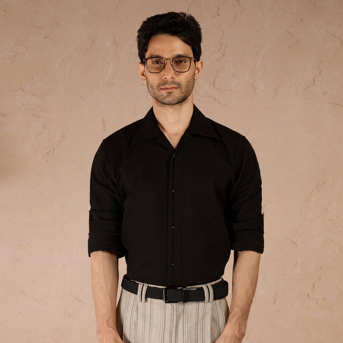 HALF PLACKET COTTON OXFORD SHIRT - BLACK