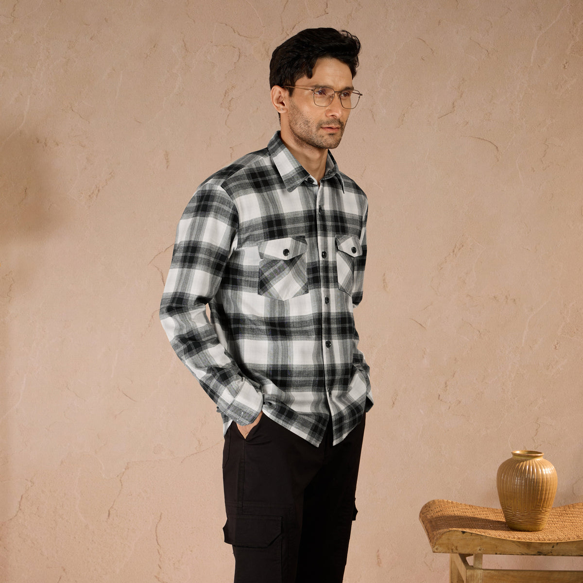 COTTON LIGHTWEIGHT FLANNEL SHIRT - BLACK