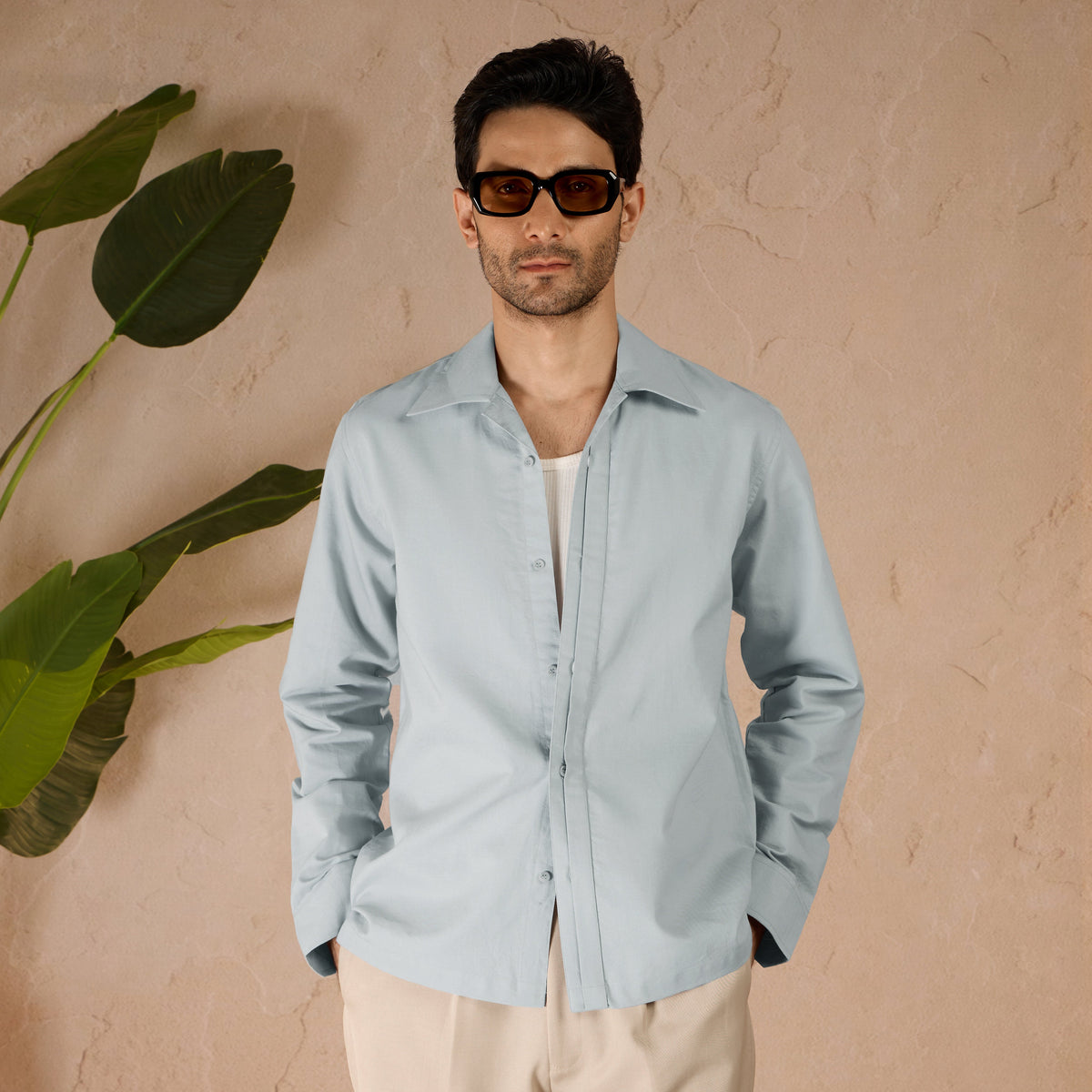 HALF PLACKET COTTON OXFORD SHIRT - SKY BLUE