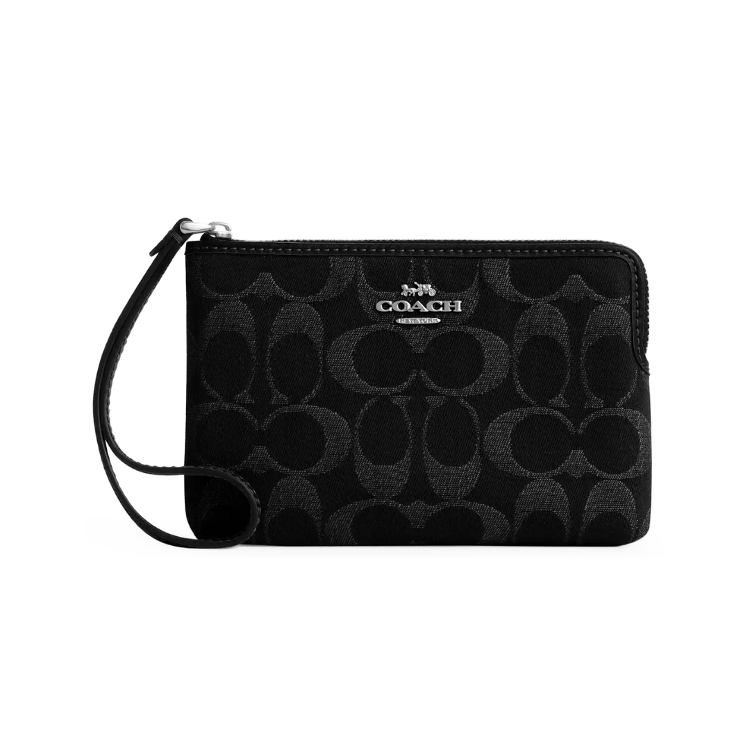 Coach Corner Zip Wristlet In Signature Denim Silver Black