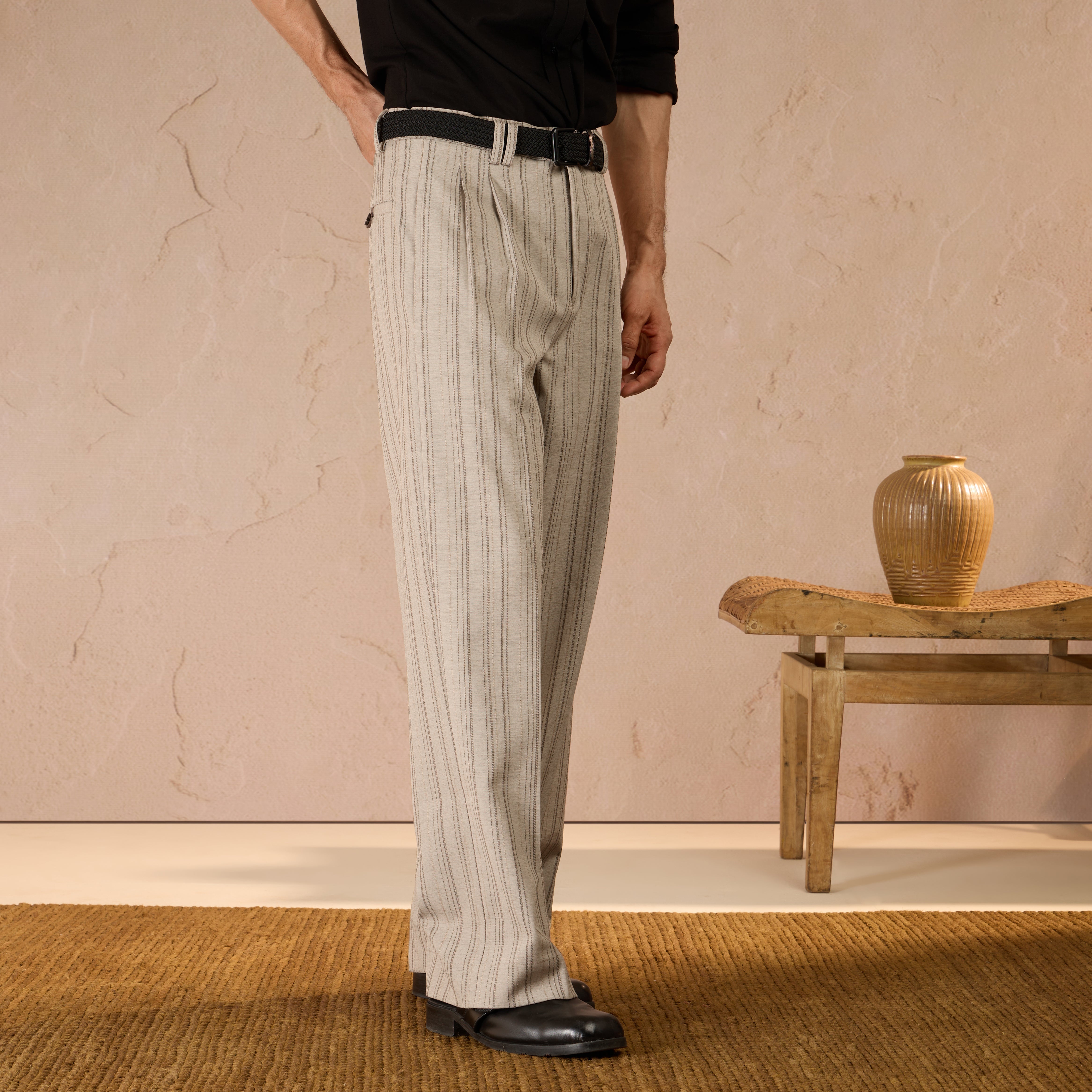 RELAXED FIT PINSTRIPE TROUSERS - BEIGE