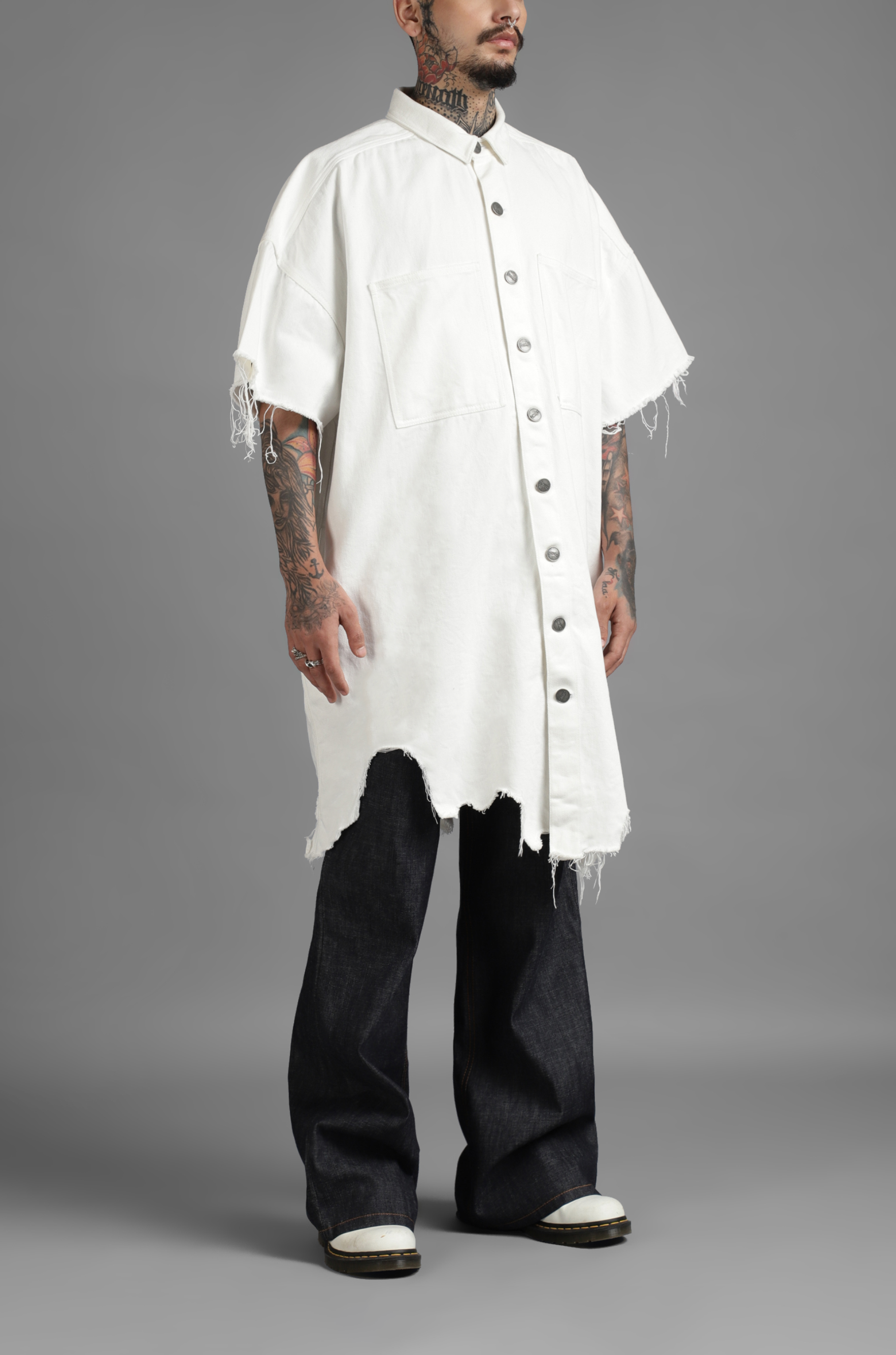SuperHUEMN Denim Oversized Asymmetric Longline Shirt (White)