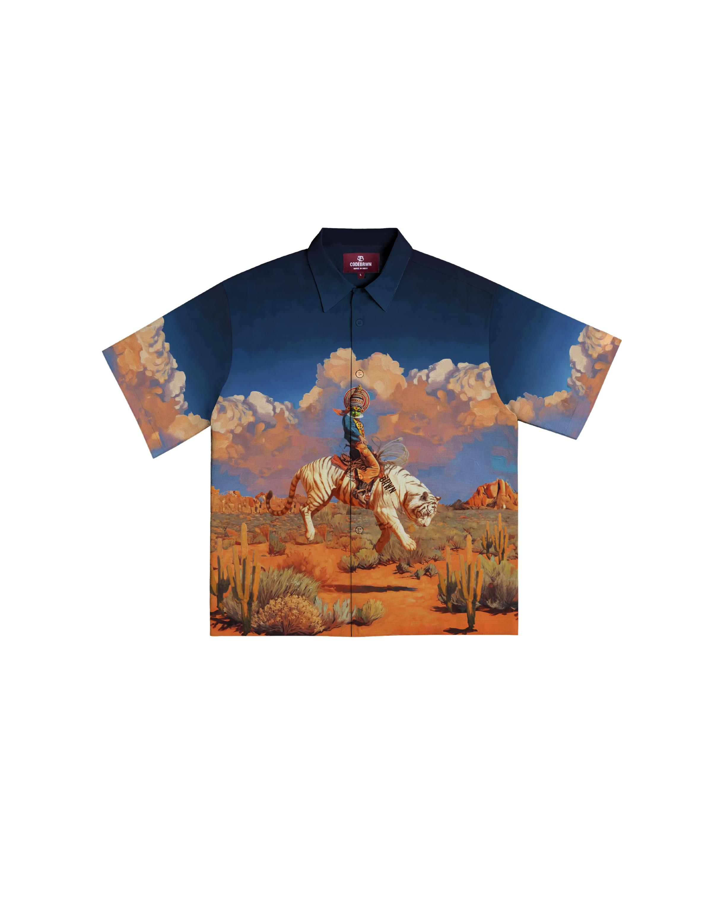Short-sleeve shirt with a desert scene and bull riding design on a white background Crepdog Crew