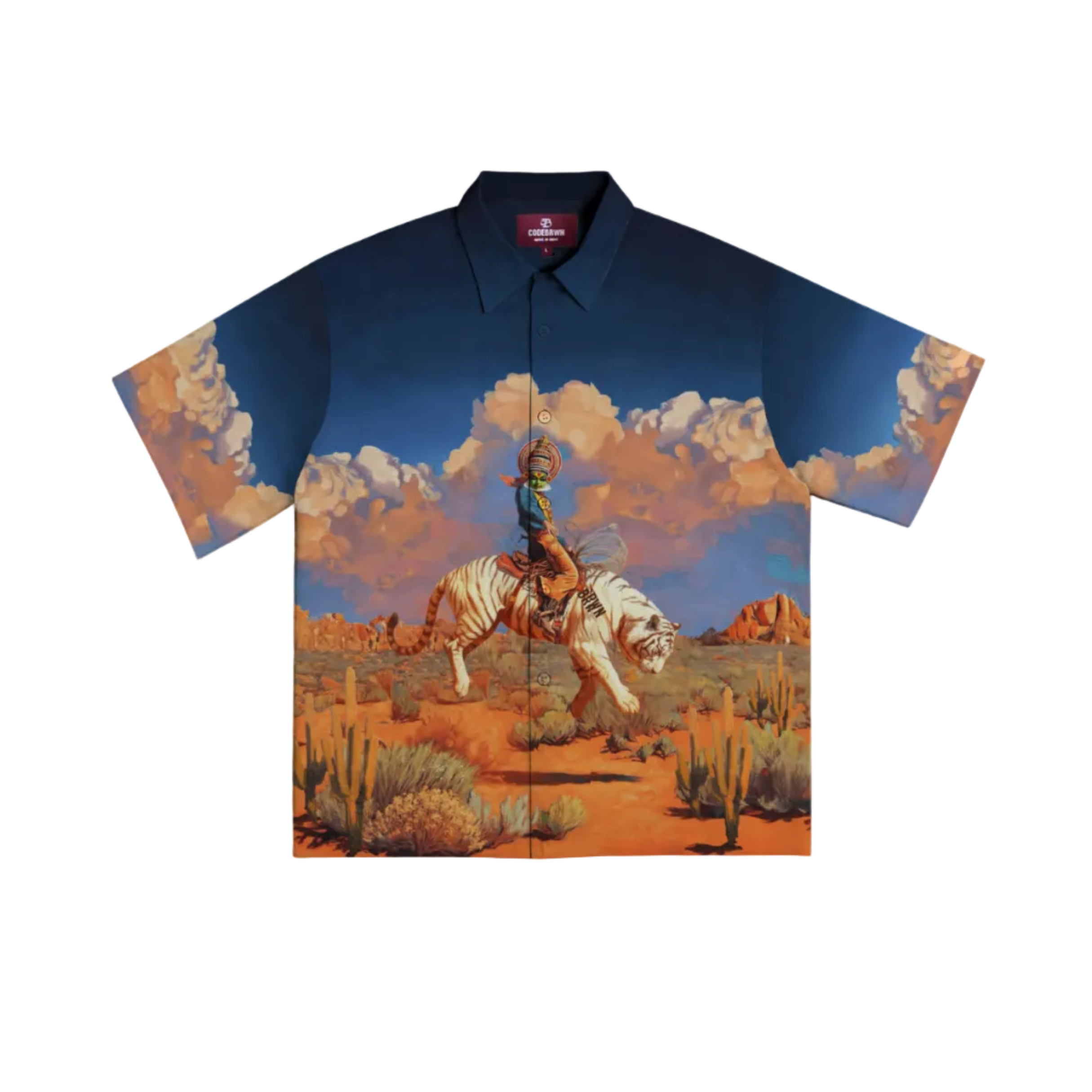 Short-sleeve shirt with a desert scene and bull riding design on a white background Crepdog Crew