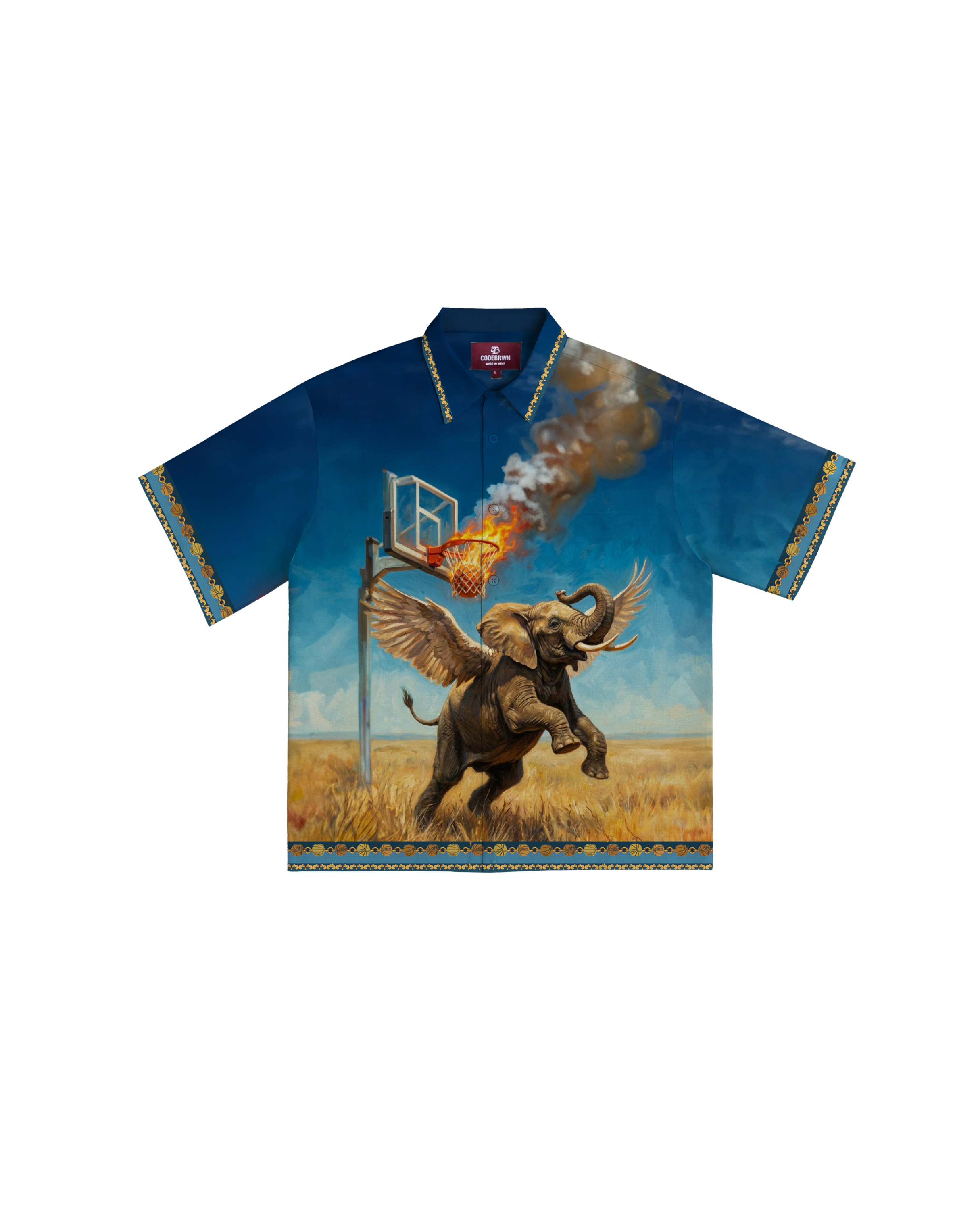 Shirt with a graphic of an elephant with wings and a basketball hoop on a blue background Crepdog Crew