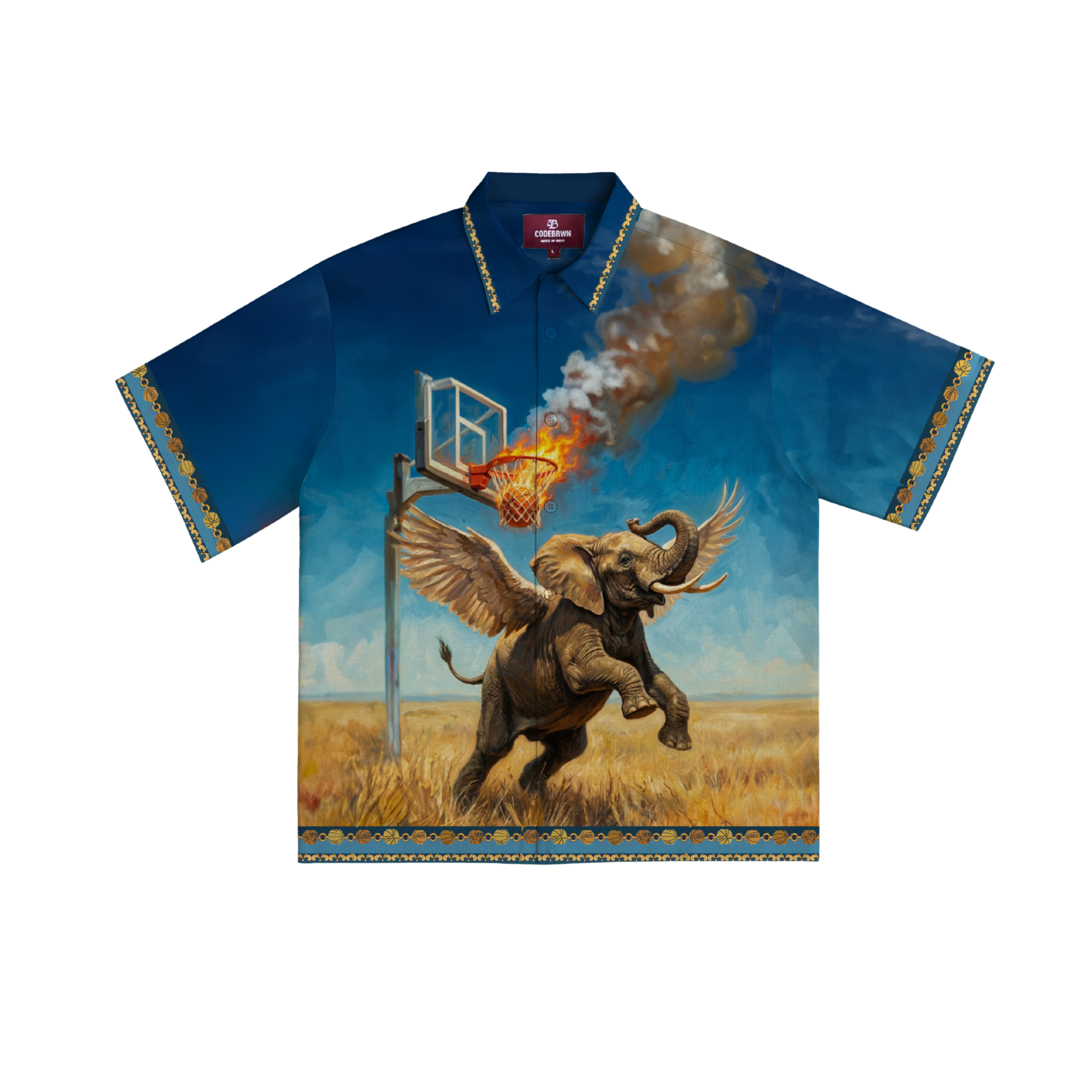 Shirt with a graphic of an elephant with wings and a basketball hoop on a blue background Crepdog Crew