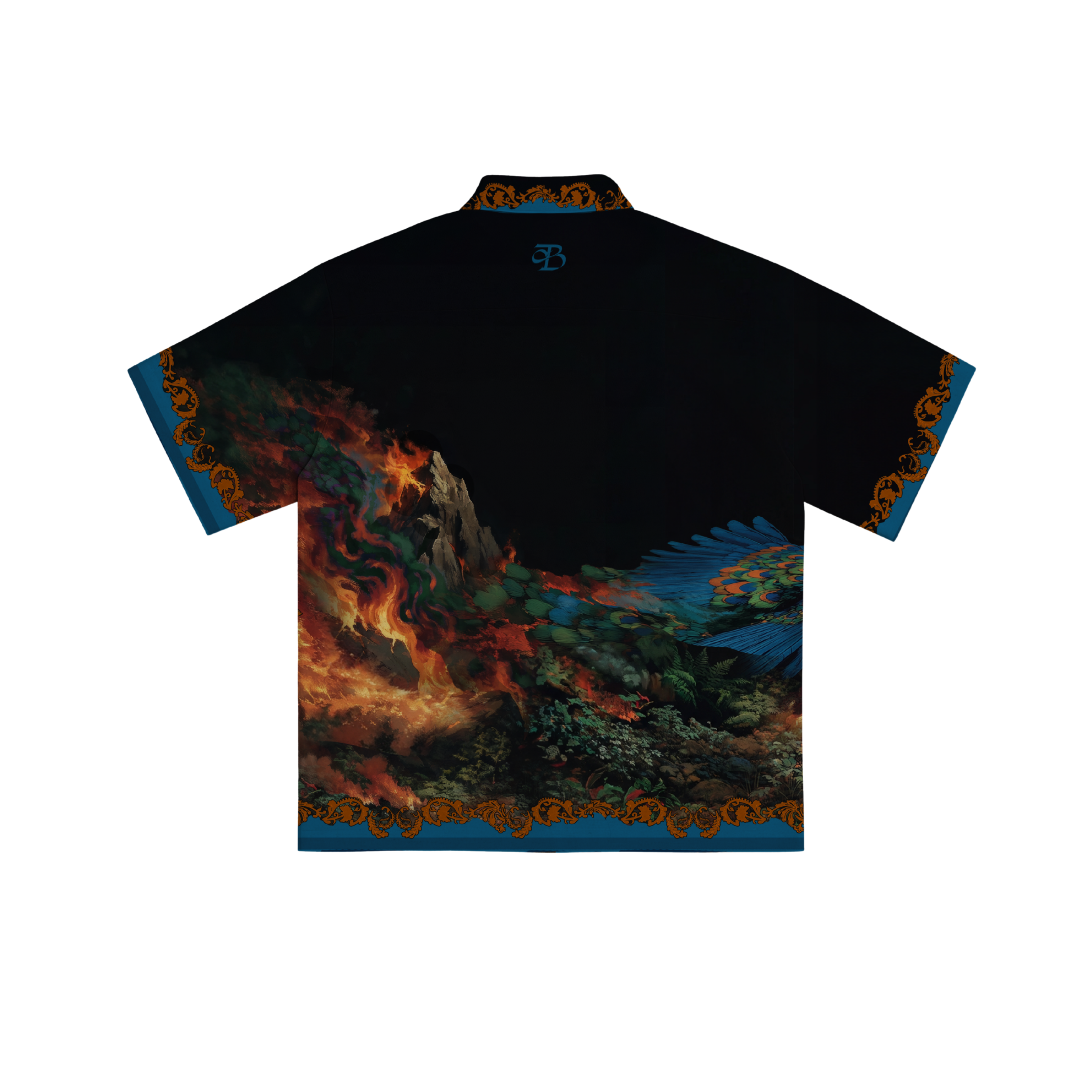 Black shirt with a fiery landscape design on the back, on a white background Crepdog Crew