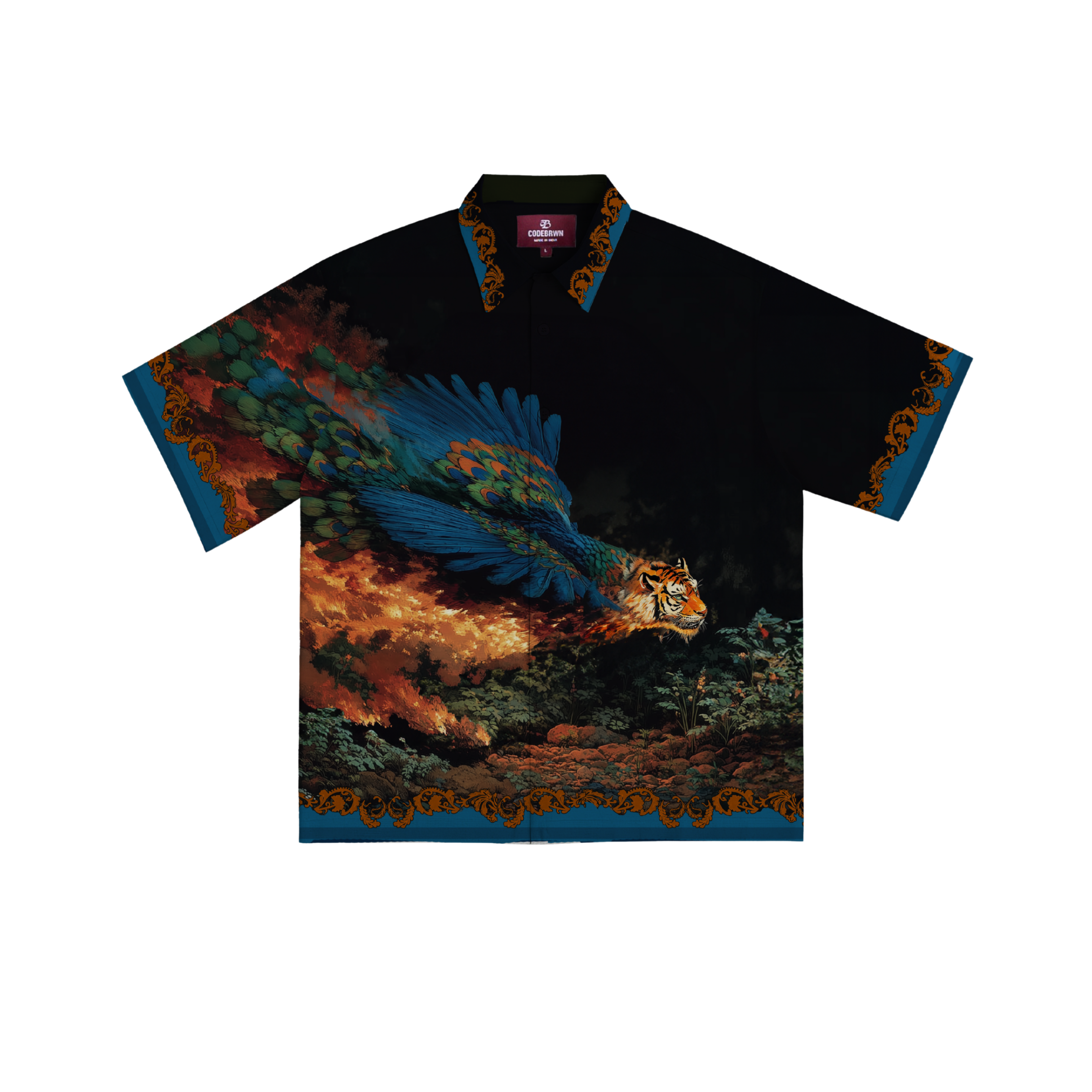 Black shirt with a colorful nature-themed design featuring a tiger and peacock on a white background Crepdog Crew