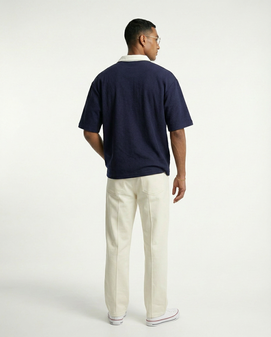Angela Waffleknit Polo Tshirt - Navy Blue