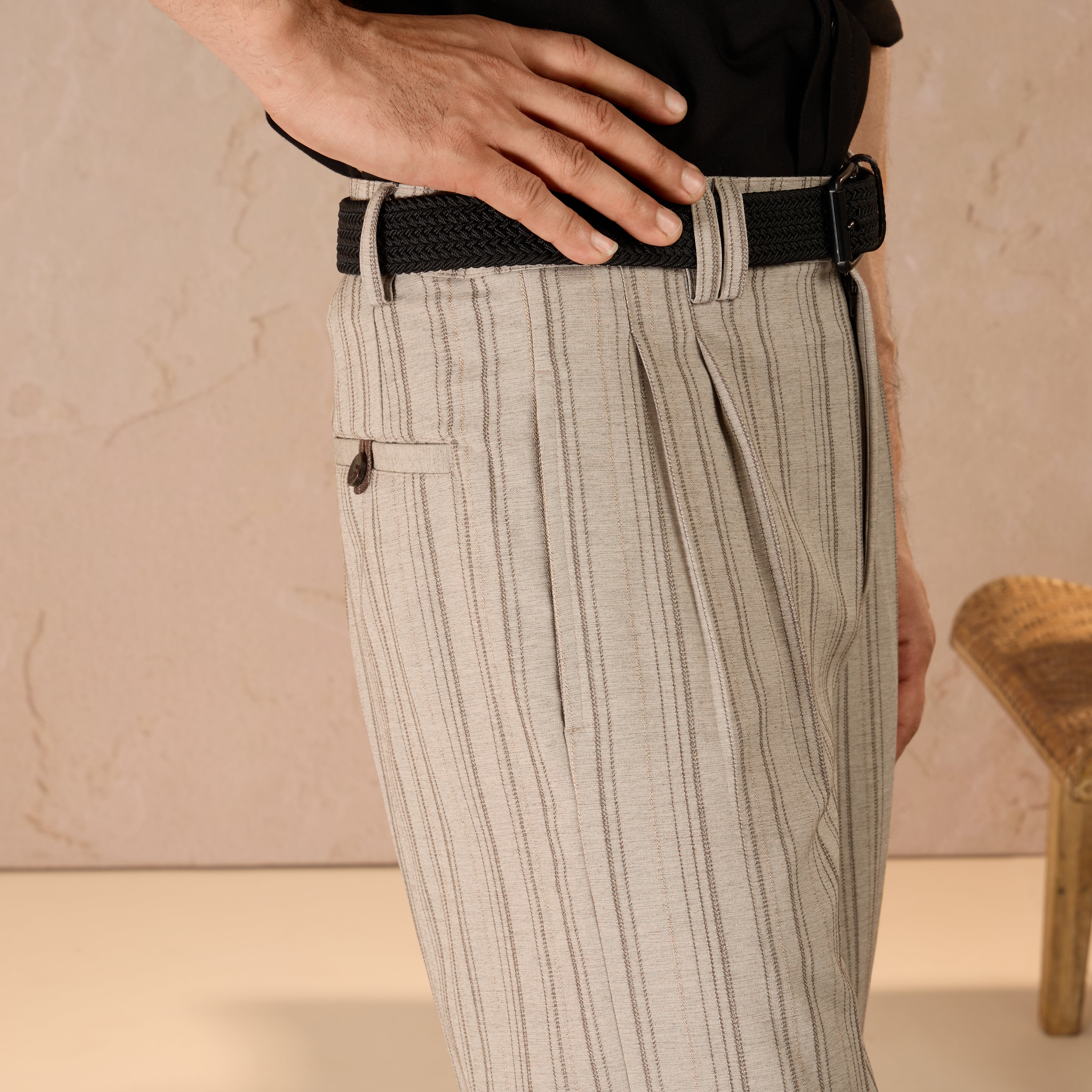 RELAXED FIT PINSTRIPE TROUSERS - BEIGE